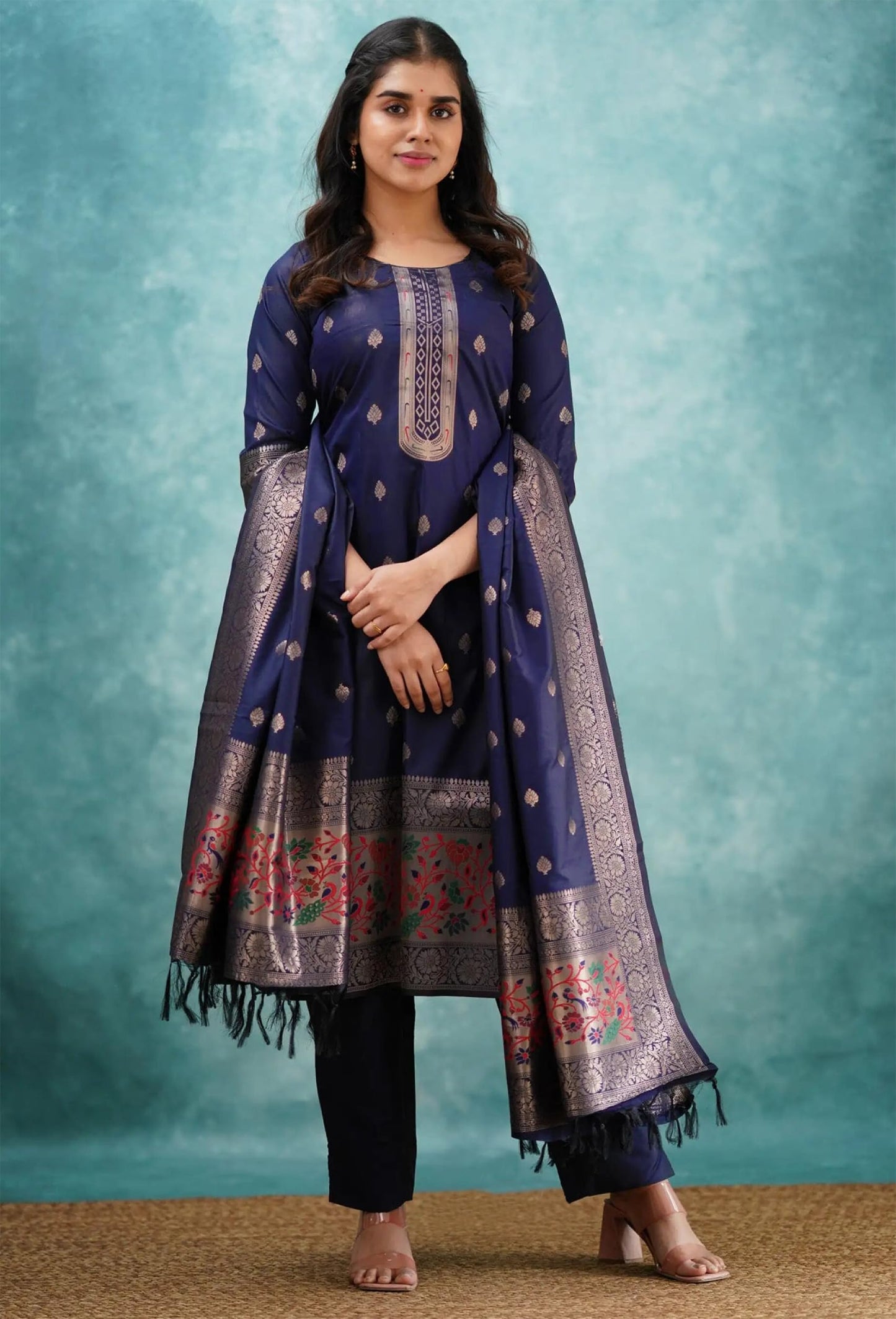 Leeli Peeri Designer Women's Art Silk Woven Zari Work Straight Kurta With Pant and Dupatta
