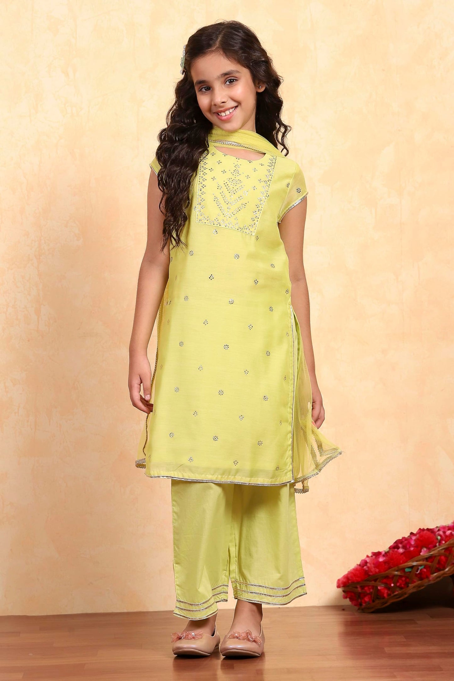 Biba Girl's Polyester Kurta Set (KW5222ESS25LMYL