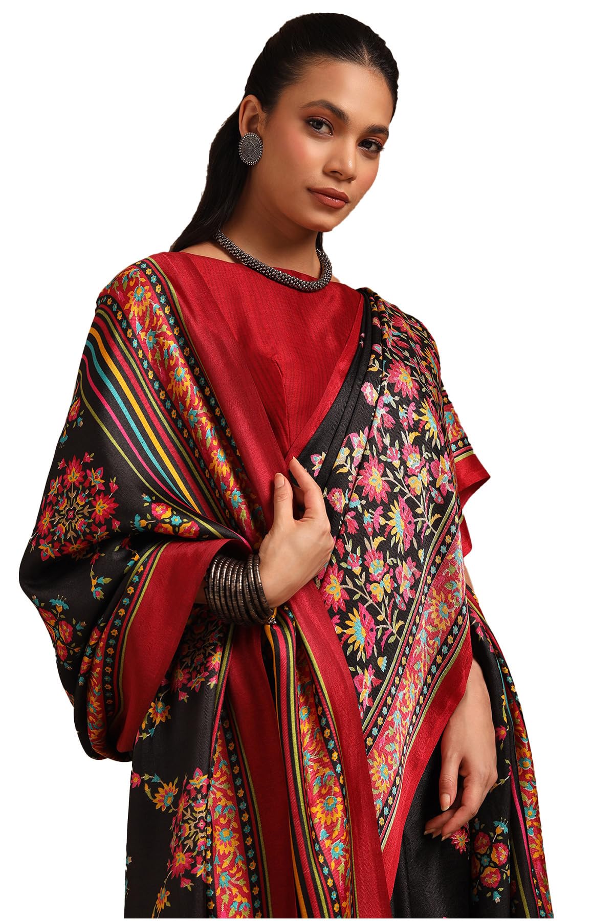 Soch Womens Black Pashmina Floral Print Saree