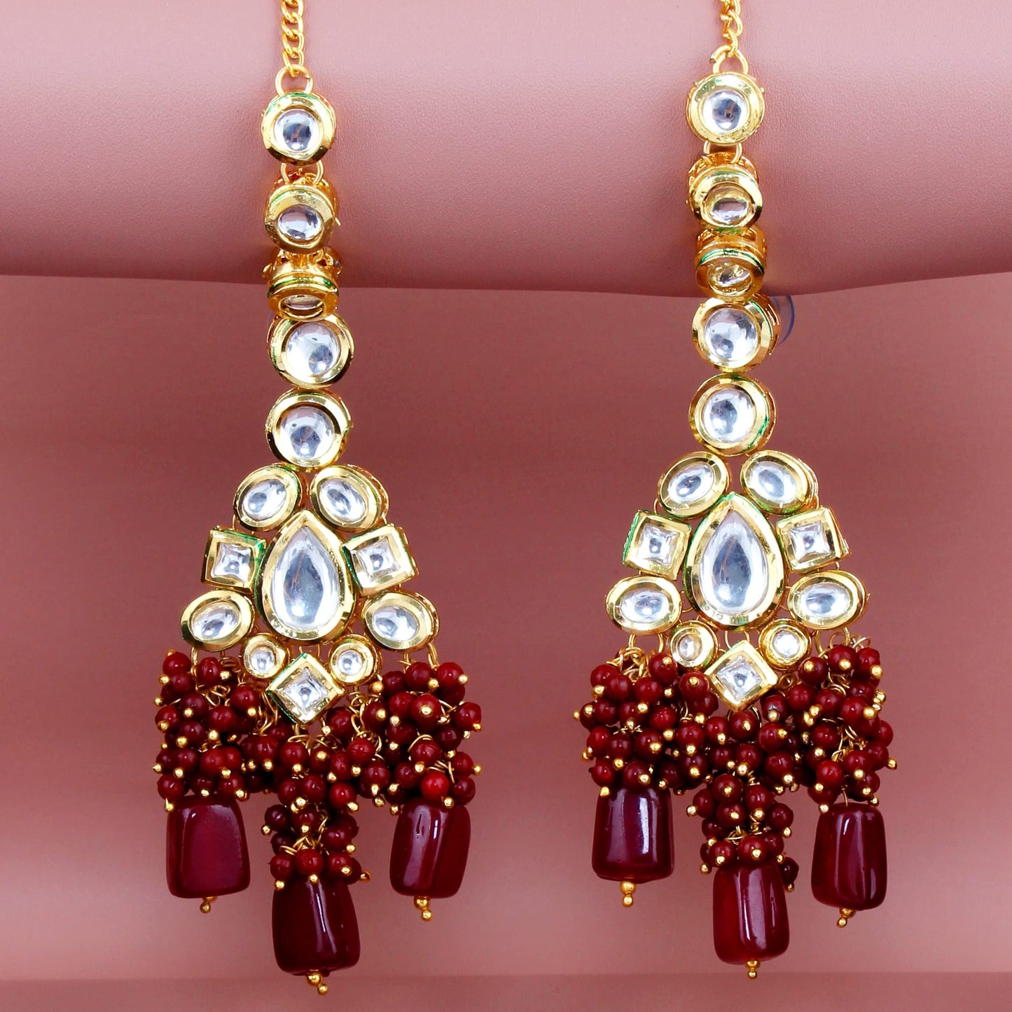 Lucky Jewellery Meenakari 18K Gold plated Maroon color Uncut dibbi Kundan Combo Necklace Set