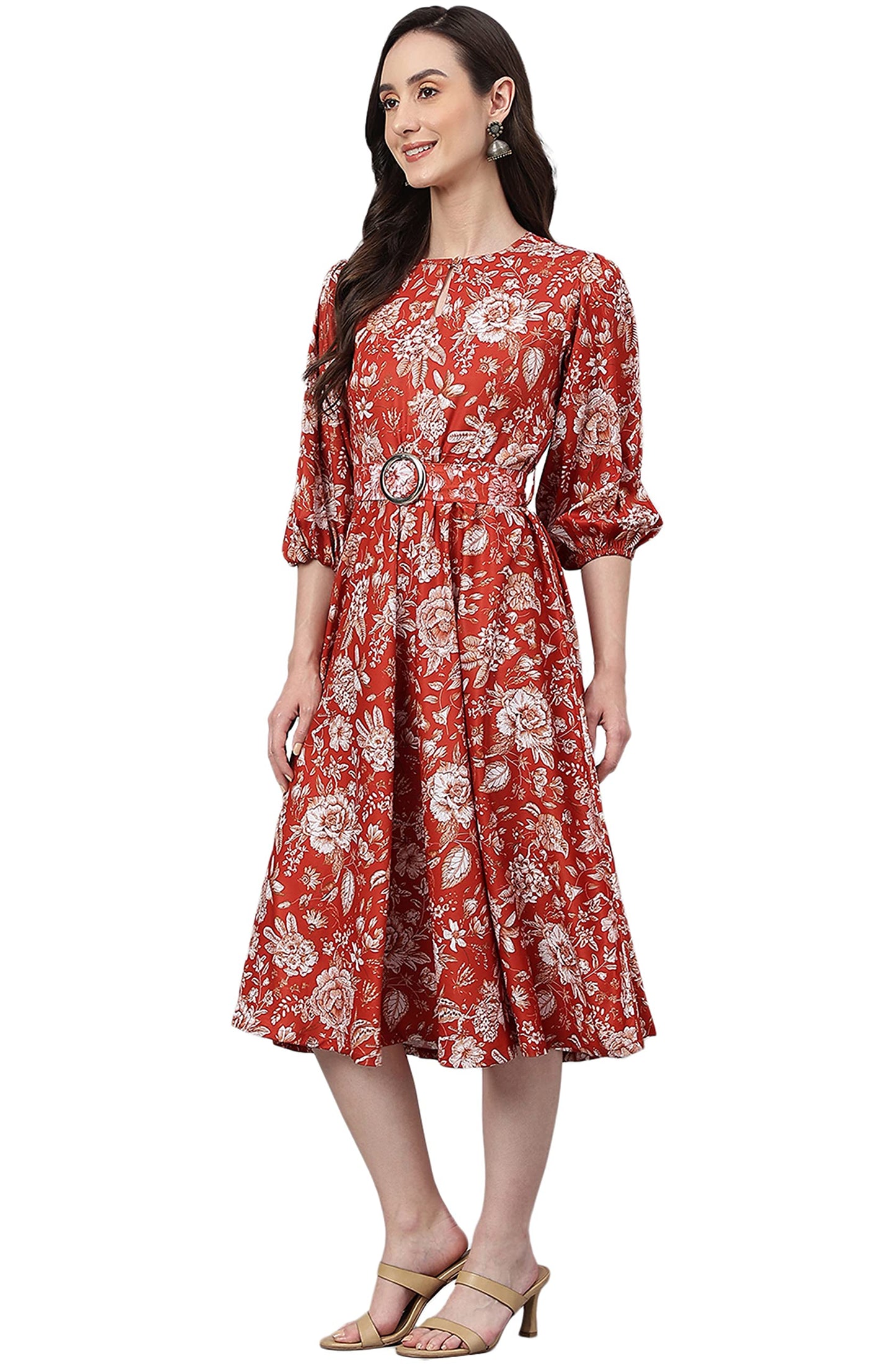 Janasya Women's Rust Crepe Digital Print Flared Western Dress(JNE4073-DR-M)