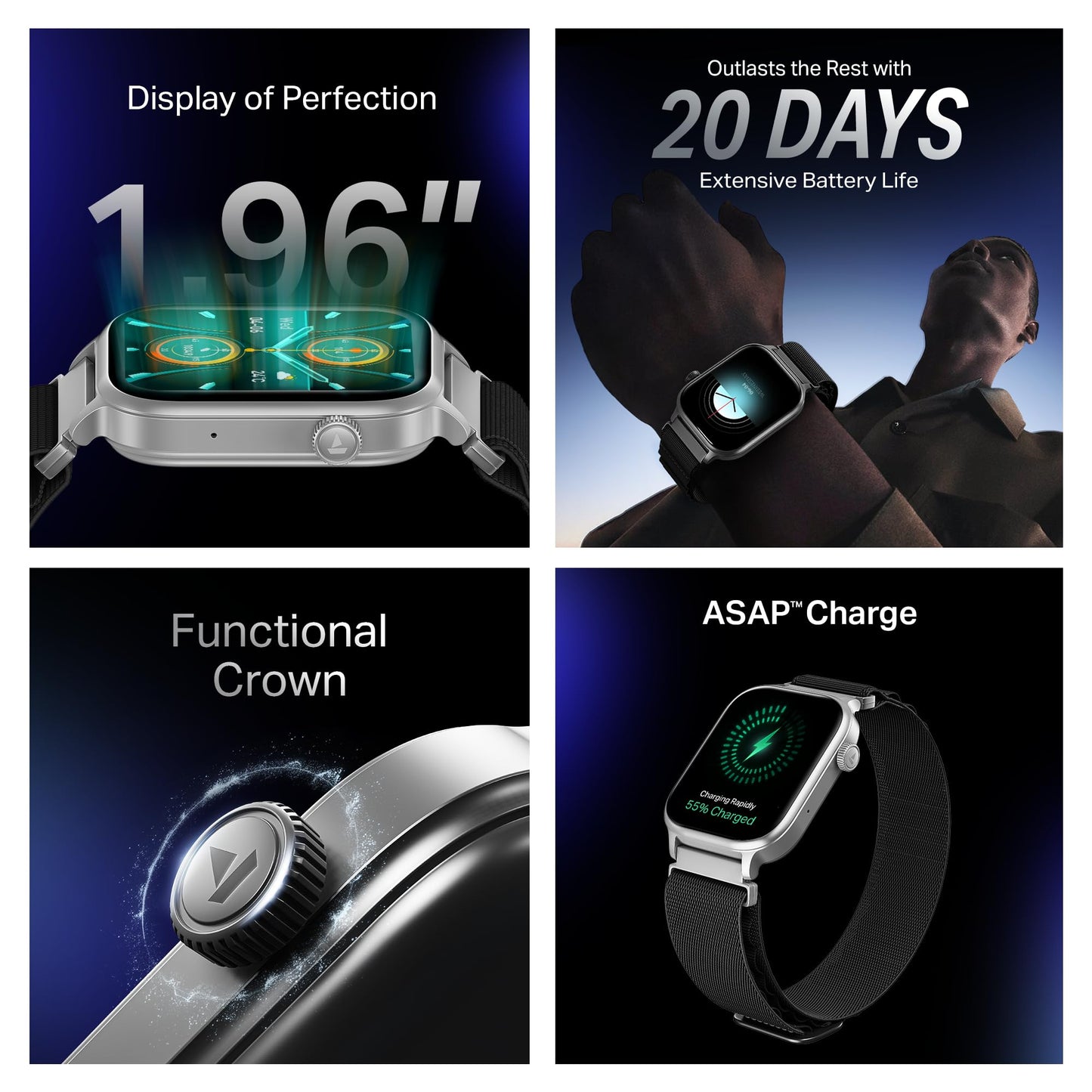 Boat Storm Infinity Plus w/20 Days Extensive Battery Life, Huge 680 mAh, Only Charge Once a Month, 1.96" Display, Functional Crown, Multiple Sports Modes, smart Watch for man & Woman (Sports Black)