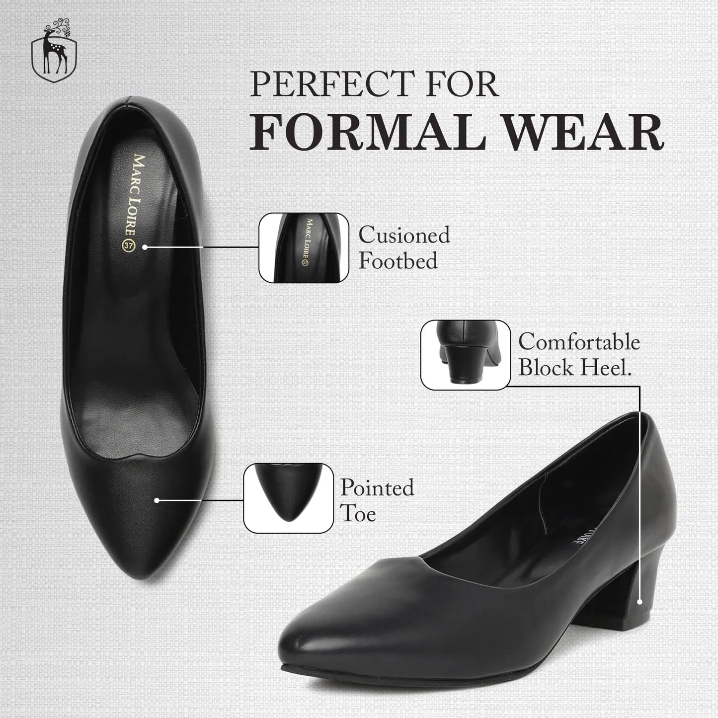 Marc Loire Women's Black Block Heel Pump Shoes Pointy Toe Stilettos, 6 UK