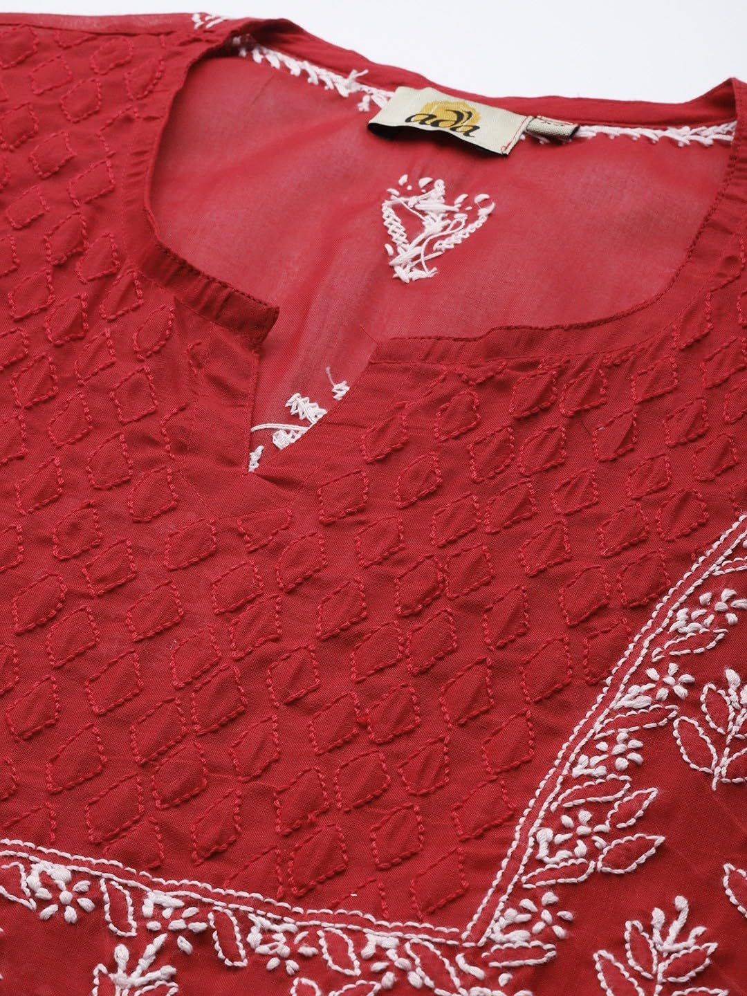 Ada Hand Embroidered Cotton Straight Top Tunic Lucknowi Chikankari Short Kurti for Women A911213 Red (S)
