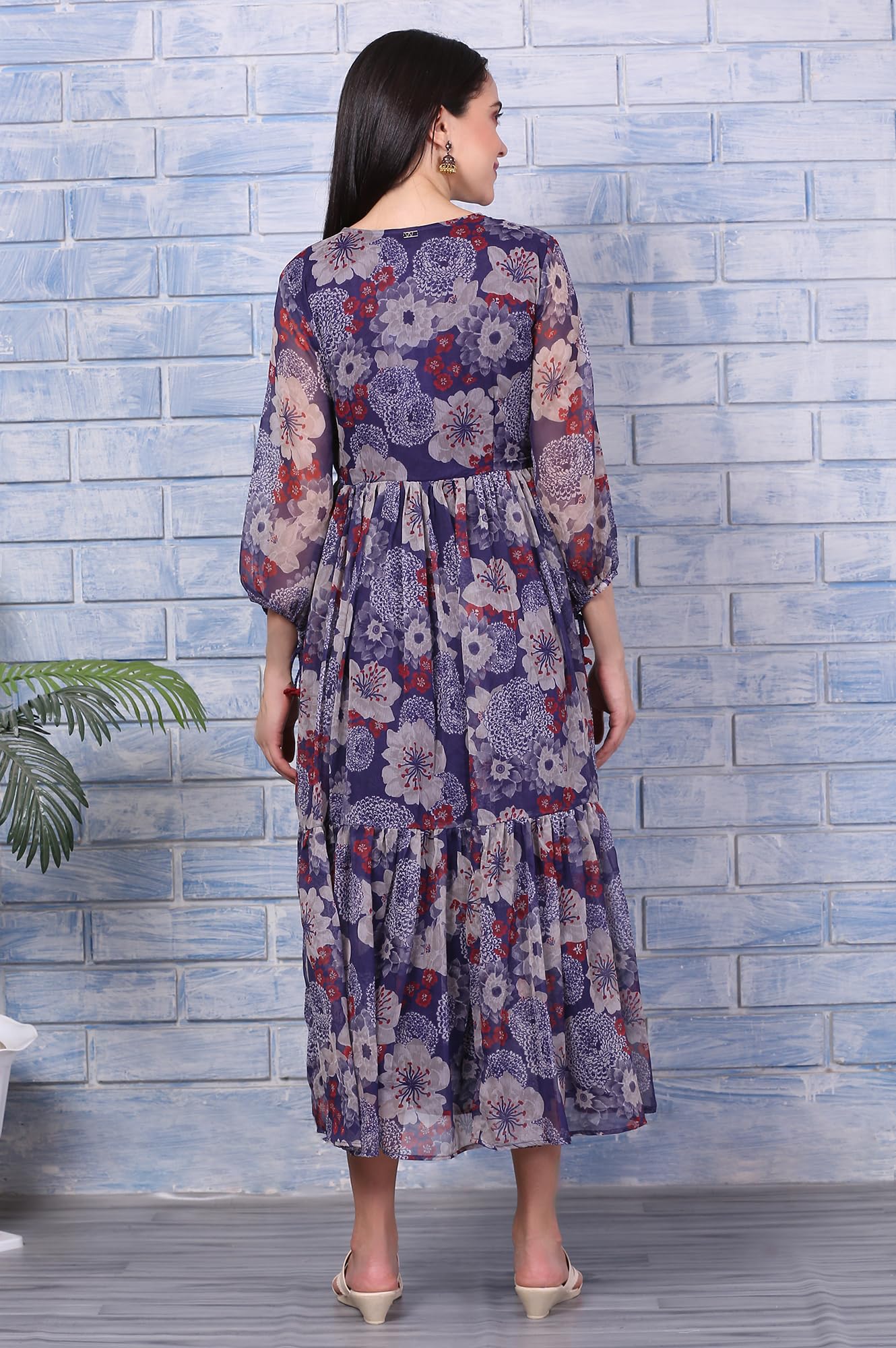 W for Woman Purple Floral Printed Chiffon Gathered Dress (Size: XL)-W12804-125946