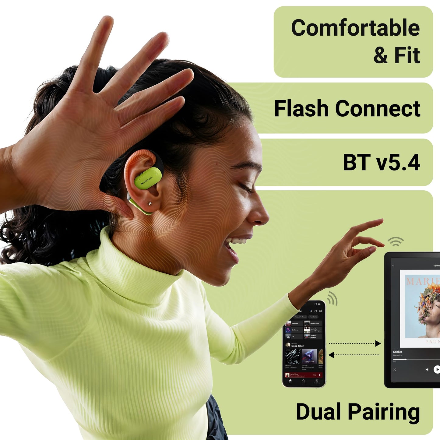 ZEBRONICS PODS O, Wireless Open-Ear Earbuds, OWS, 40 Hrs Backup, Neodymium Drivers, Ultra Comfort Fit, Quad MIC ENC, Rapid Charging, Bluetooth, Dual Pairing, Flash Connect, Low Latency Gaming (Green)