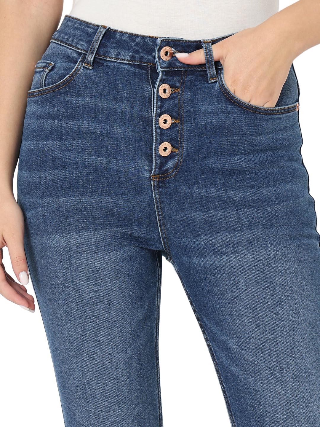 VERO MODA Women Solid Medium Blue Cotton Skinny Fit Ankle Length High Rise Jeans