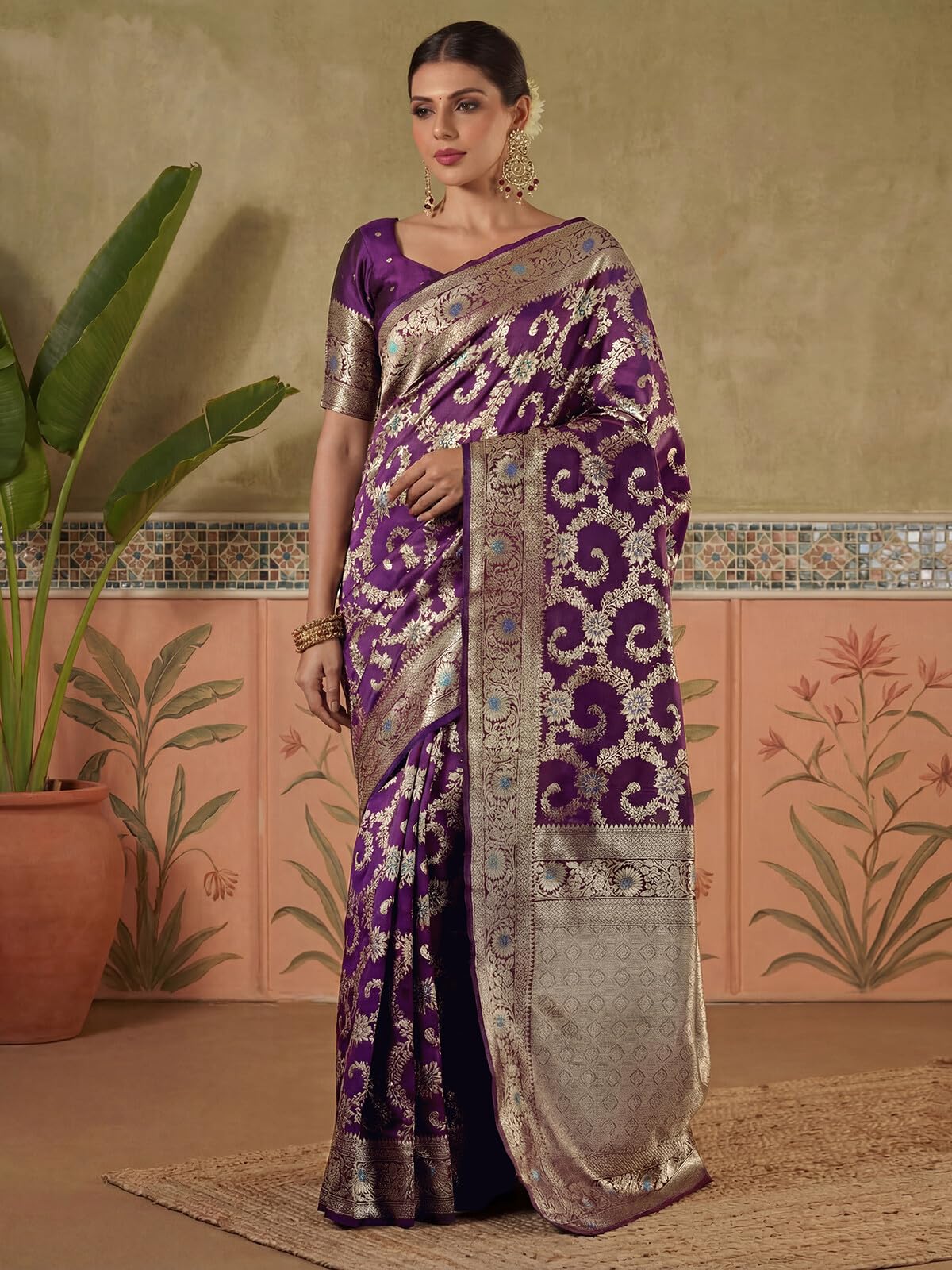 SIRIL Women's Silk Jacquard Banarasi Saree with Unstitched Blouse Piece (4498S753AA_Dark Violet)