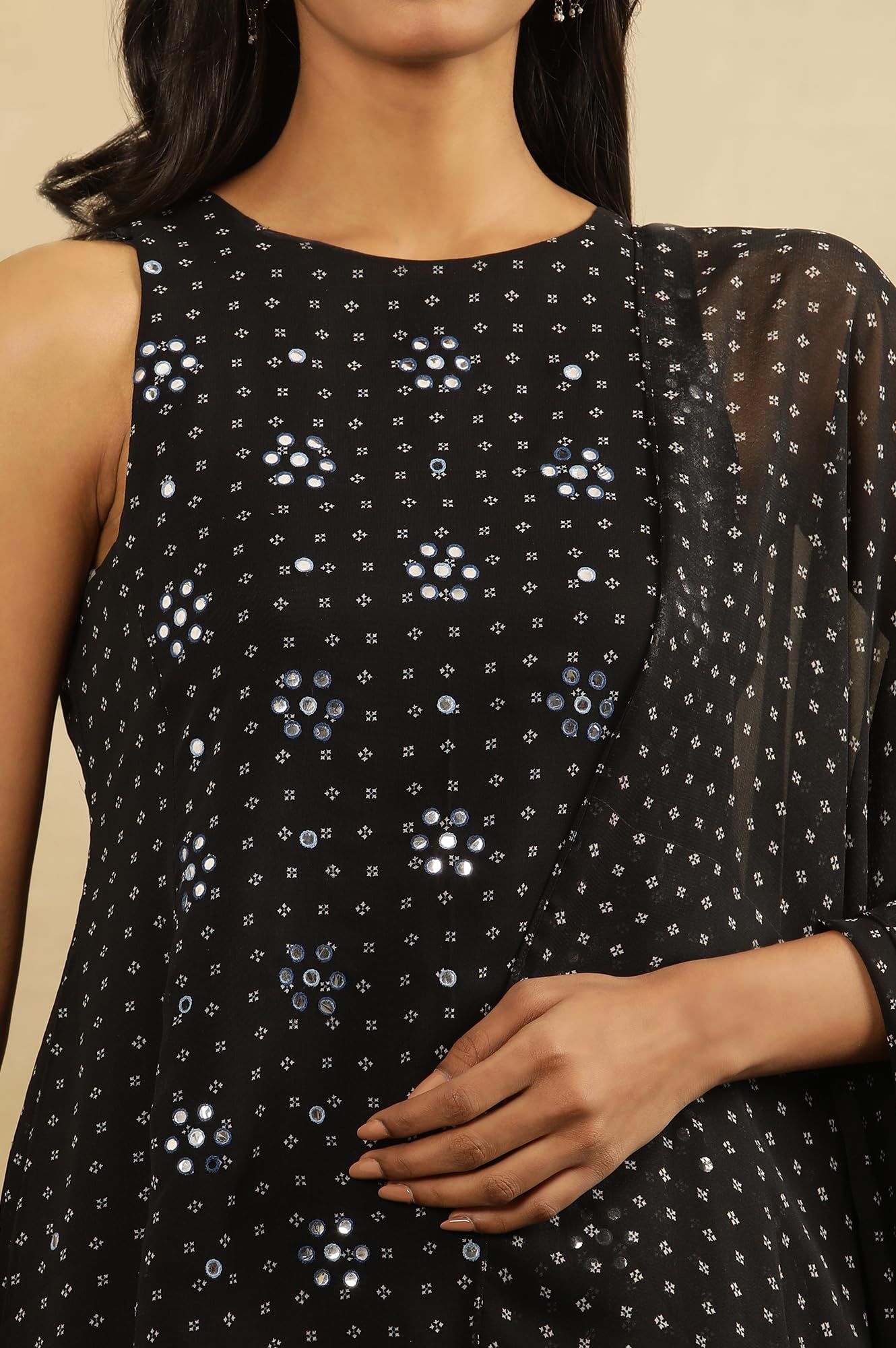 W for Woman W Women Black Festive Geometric Print Georgette Kurta Set, Sharara & Dupatta_24FEWS10619-123035_3XL