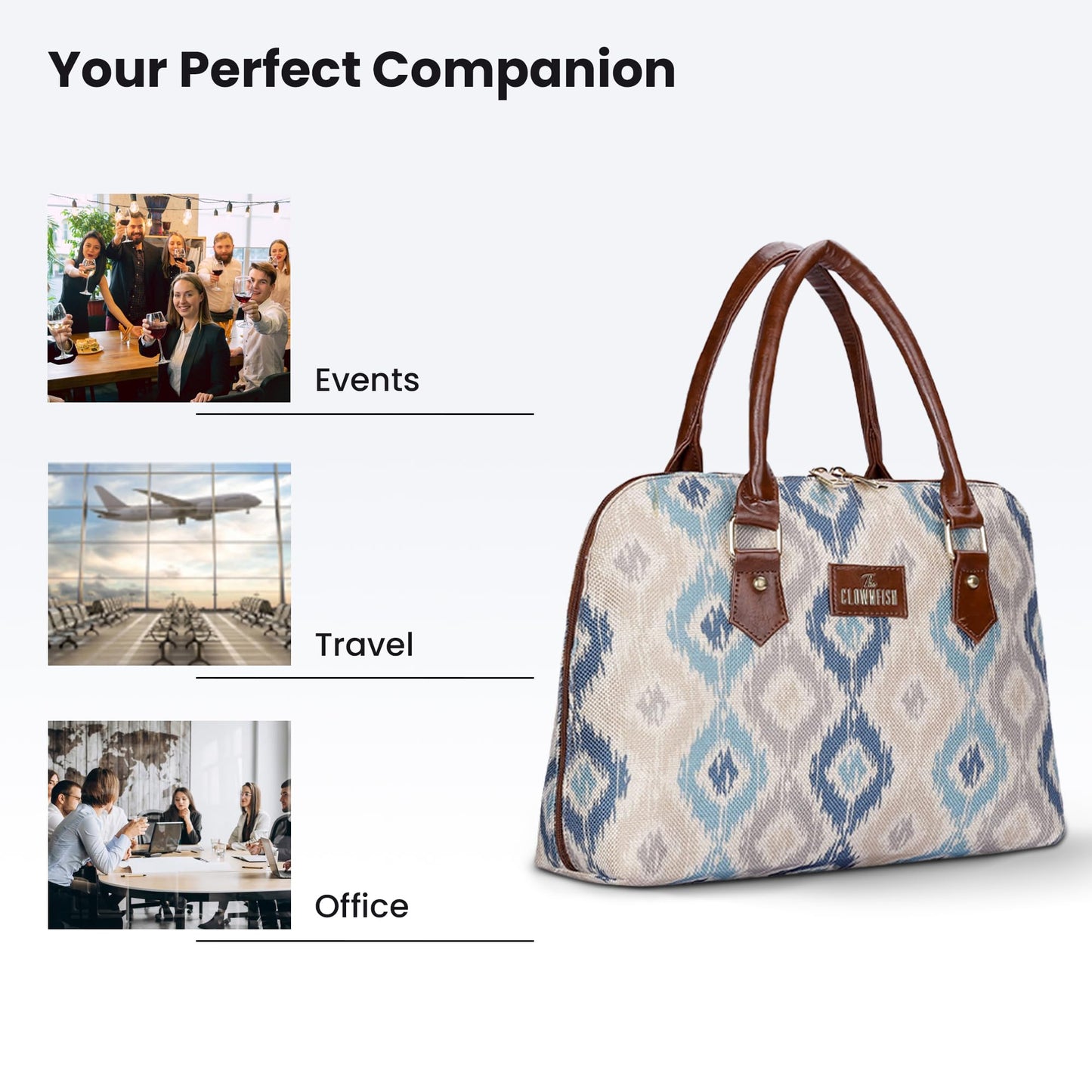 THE CLOWNFISH Montana Series Printed Handicraft Fabric & Faux leather Handbag for Women Office Bag Ladies Purse Shoulder Bag Tote For Women College Girls (Pearl with Patola Design)