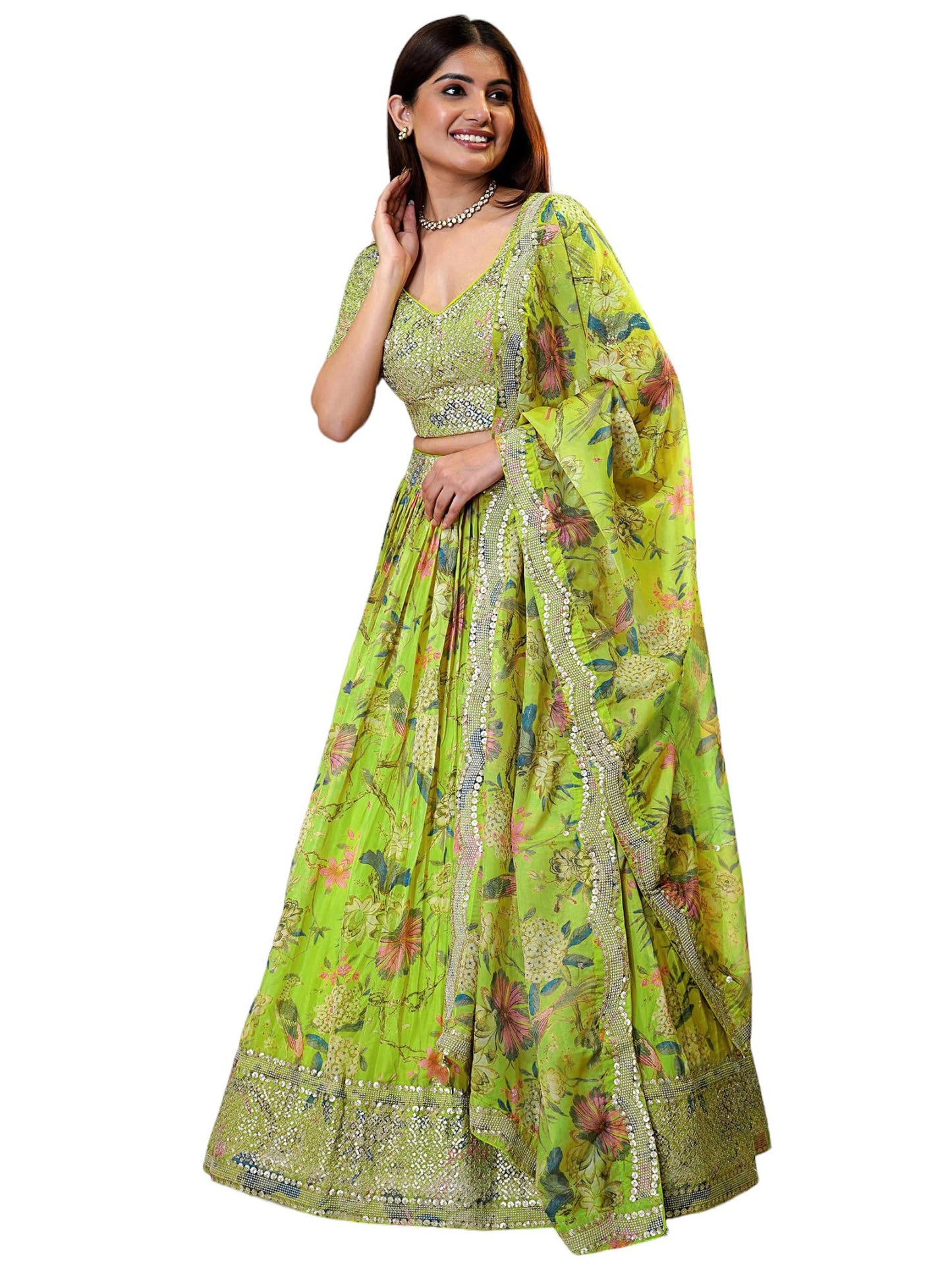 Zeel Clothing Women's Print and Sequins Embroidered Organza Lehenga Choli With Dupatta (7066-Neon-Women-Lehenga-Choli-Latest, Free size) (Neon)