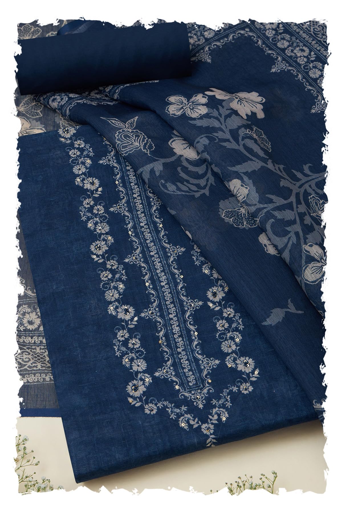 Soch Womens Navy Blue Linen Floral Print Unstitched Dress Material With Sequins