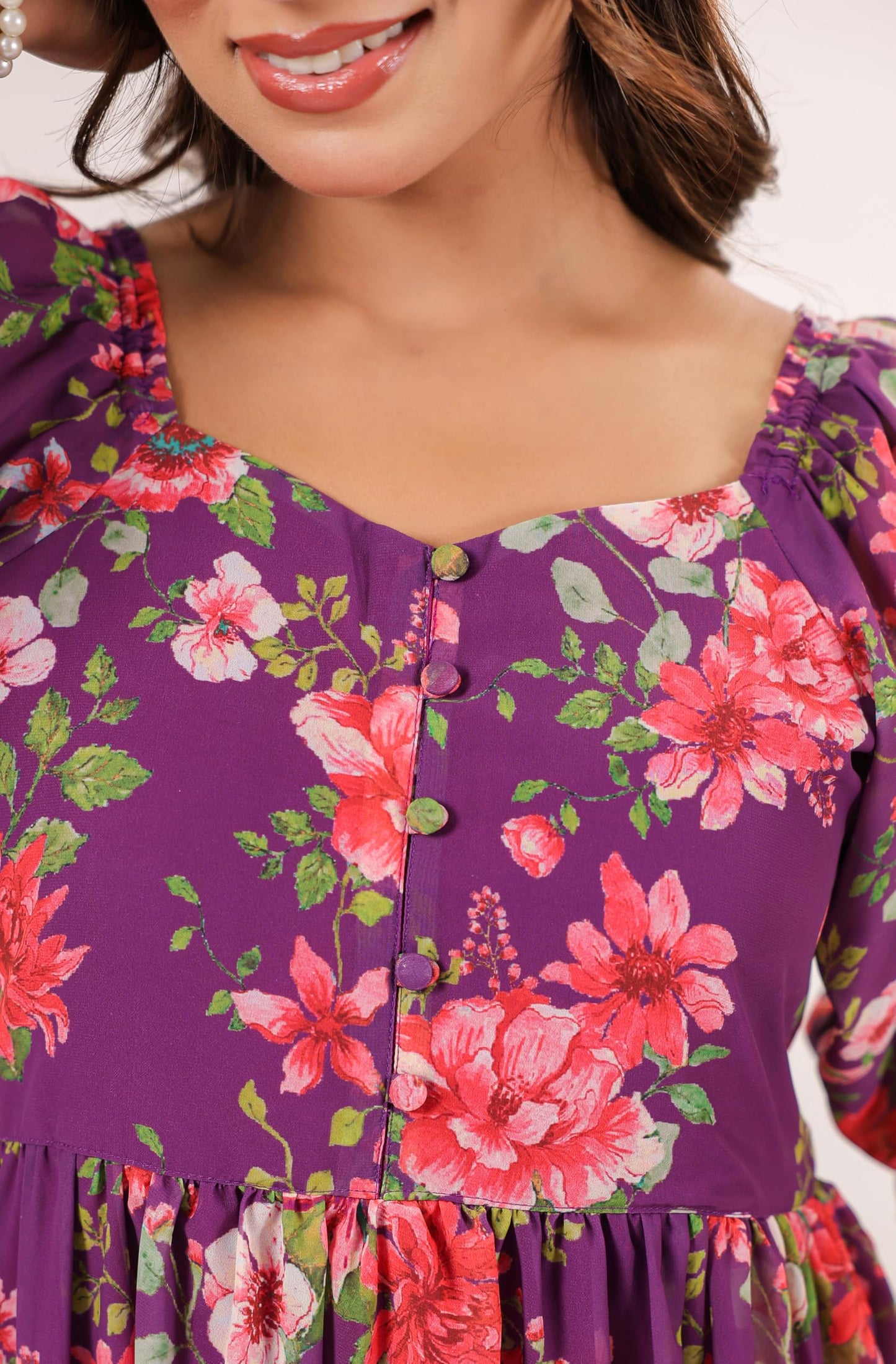 Janasya Women's Purple Georgette Floral Printed Tiered Dress (JAC24DR01628-L)