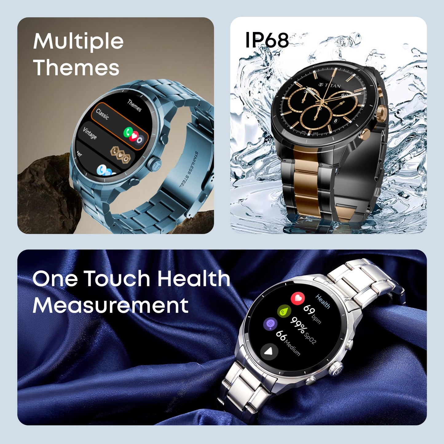 Titan Heritage 1.43" AMOLED Stainless Steel Bracelet Smart Watch for Men, BT Calling, Voice Assistant, Quick Health Measurement, Functional Crown, 3D UI, 60Hz Display, Fast Charging (Blue)