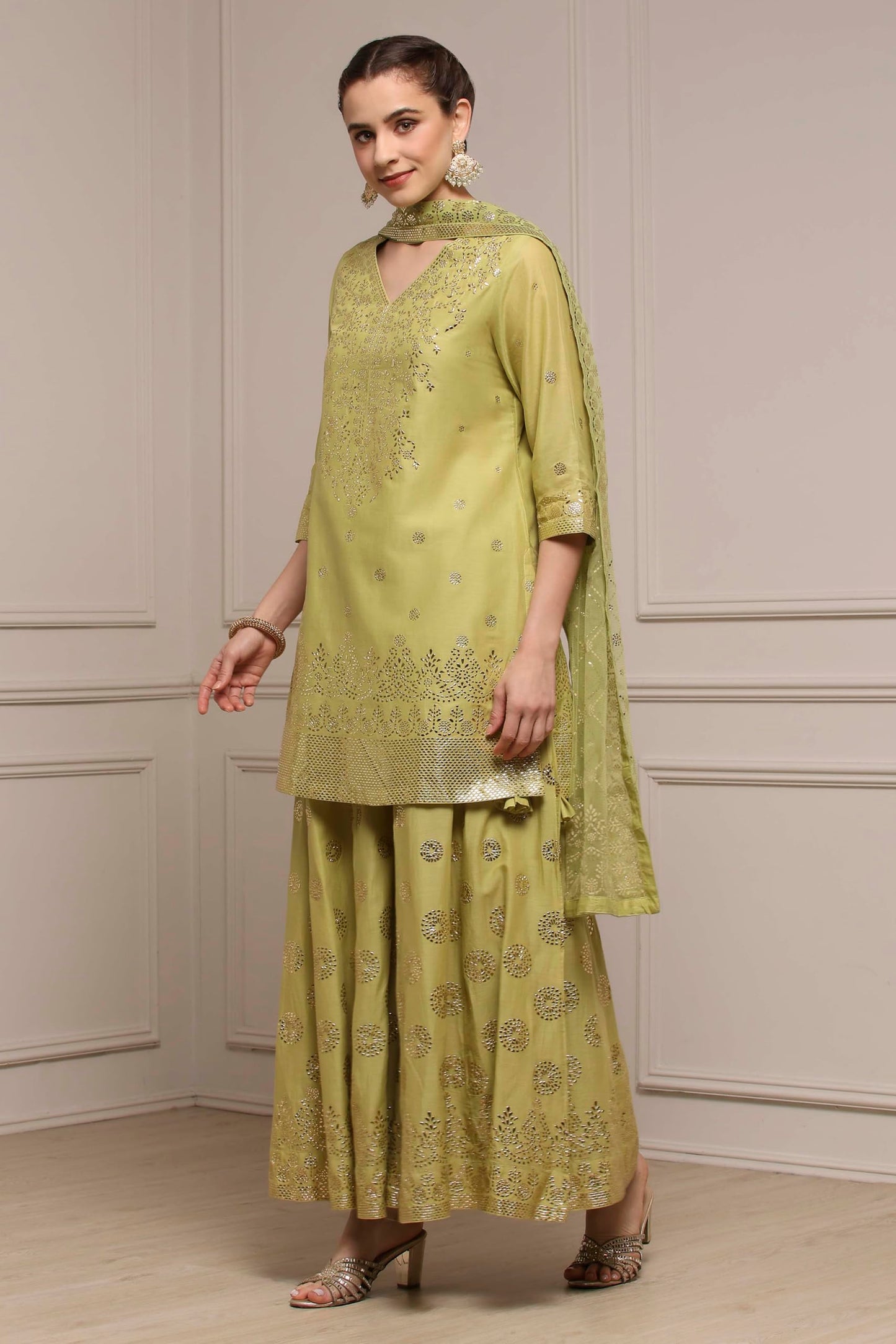 Biba Women Green Cotton Printed Sharara Suit Set_32