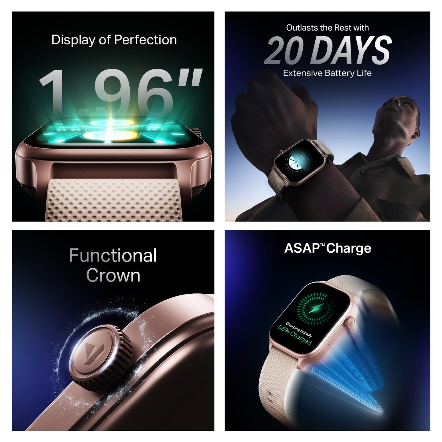 Boat Storm Infinity Plus Smartwatch with 20 Days Battery, ASAP™ Charge, 4.97 cm HD Display, Functional Crown, Multiple Sports Modes, BT Calling, SOS, IP68, Heart Rate & SpO2 Monitor (Cherry Blossom)