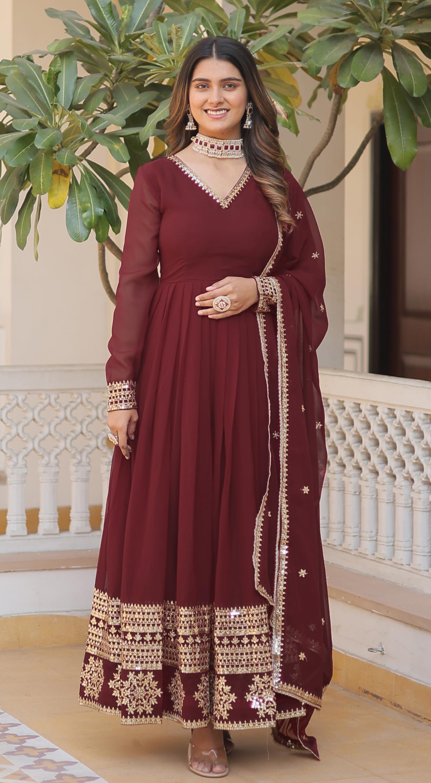 Fashion Basket Havy Georgette Embroidered Anarkali Dress for Women Maroon
