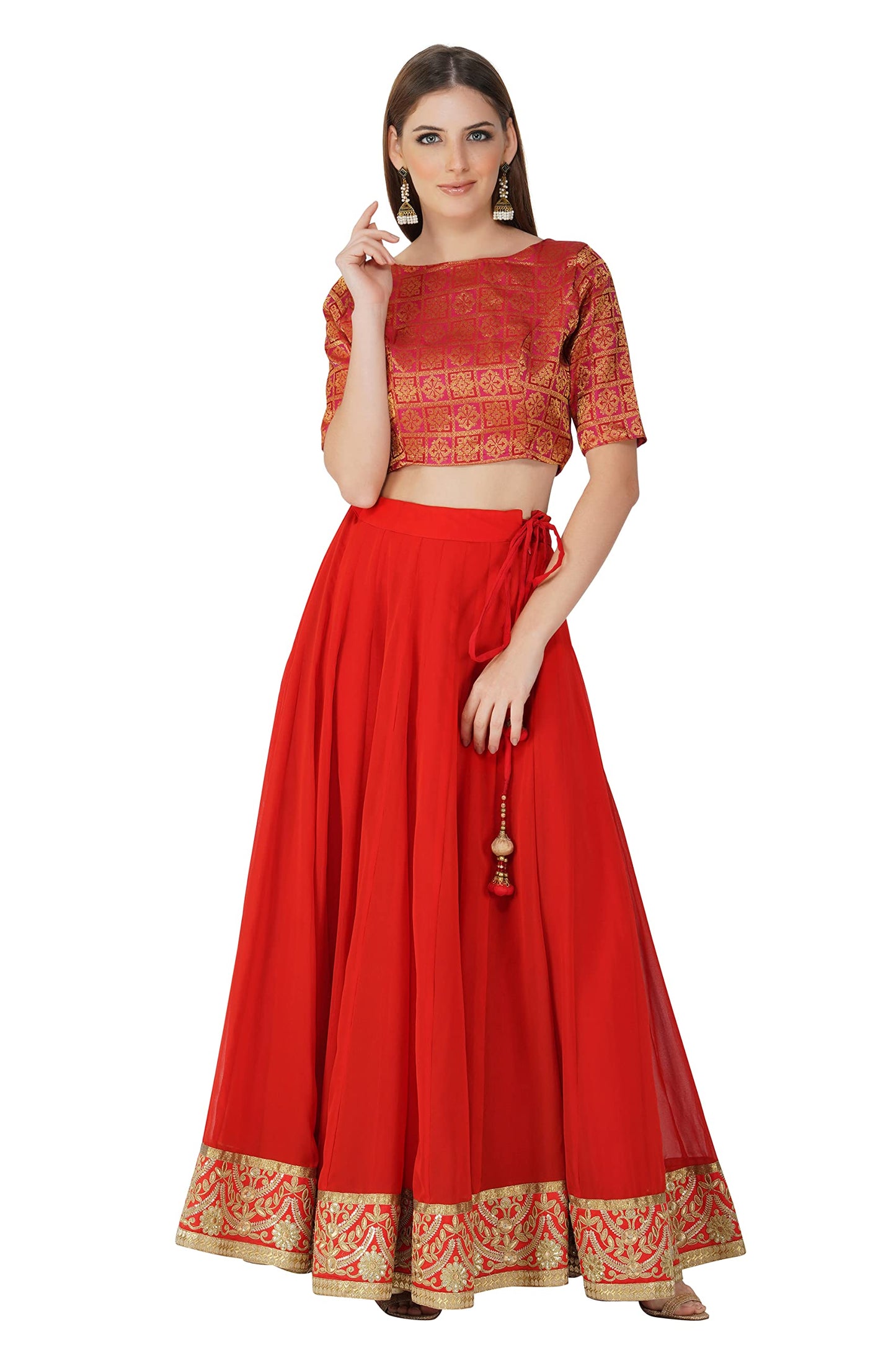 Fressia Fabrics Women's Ikkat Pattern Jacquard Boat Neck Readymade Blouse for Women (38, Persian red)