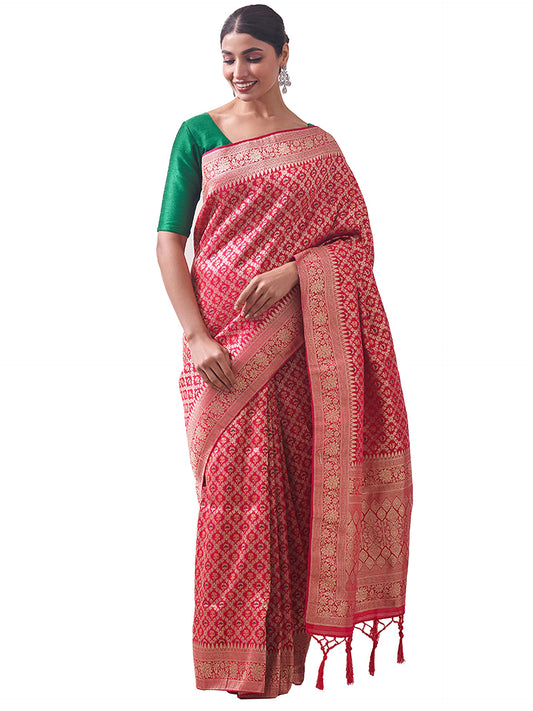 MOHEY Saree for Women, All Over Jaal, Bordered Saree with Blouse Piece, Weave Art Silk Sari (Rani)