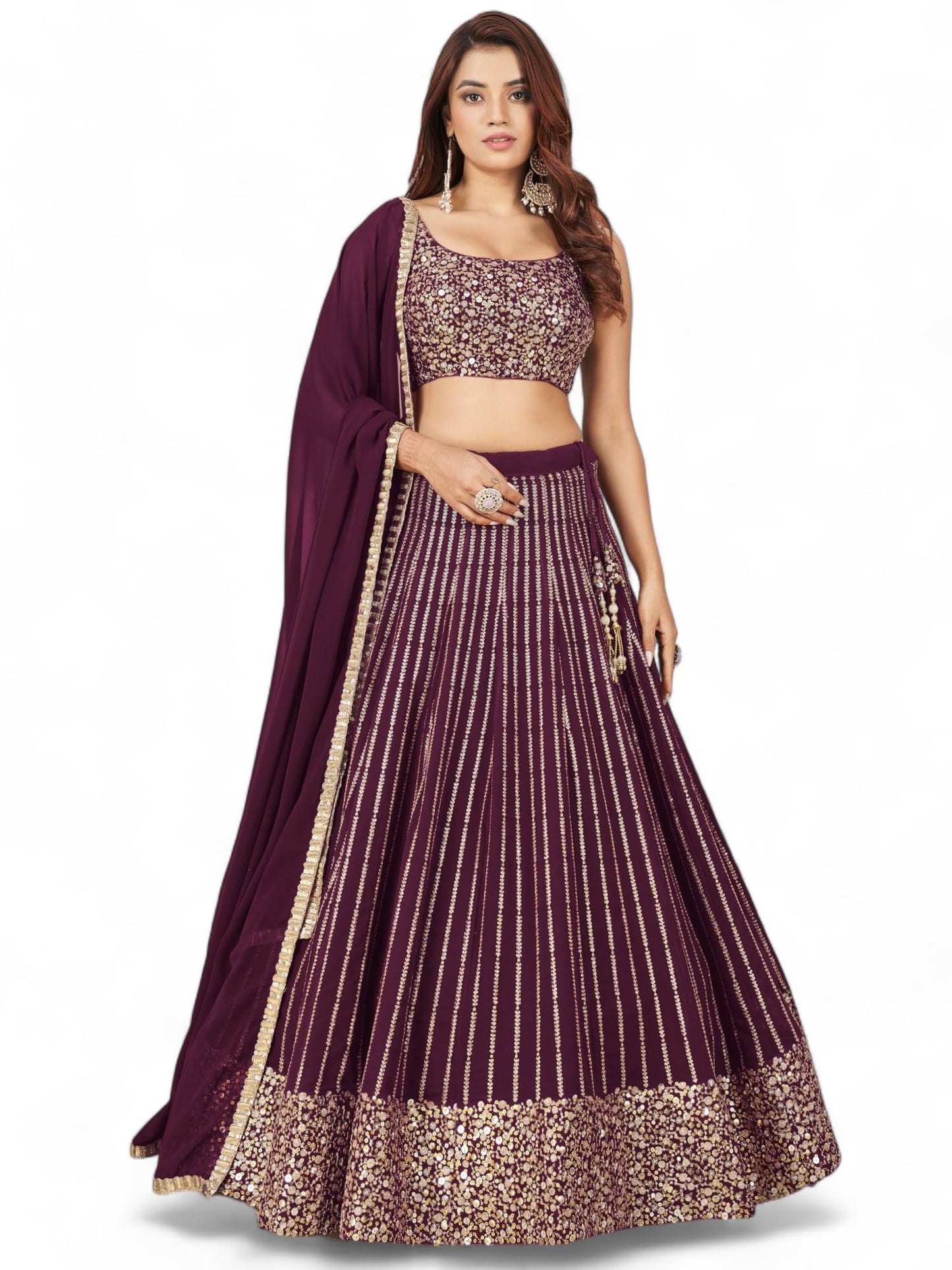 Zeel Clothing Womens Sequins Zari Embroidered Pure Georgette Semi-Stitched Lehenga and Choli Set(5067-Wine-Wedding-Lehenga-Choli-Latest; Free Size)