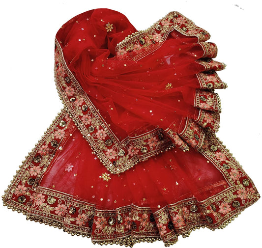 Navti Creations Women's Heavy Net Dupatta With Peach Colored Embroidery Border (Full Stone Work, 2.25m) (Red)