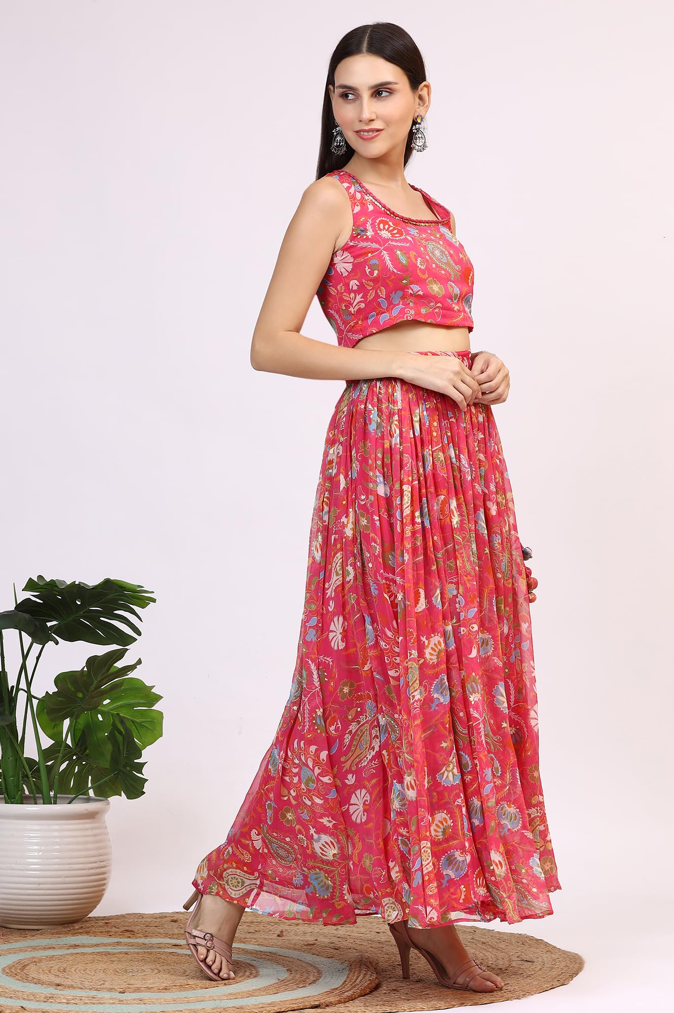 W for Woman Pink Floral Printed Embellished Chiffon Sleeveless Crop Top, Skirt and Dupatta Set (Size: L)-WS12117-124246