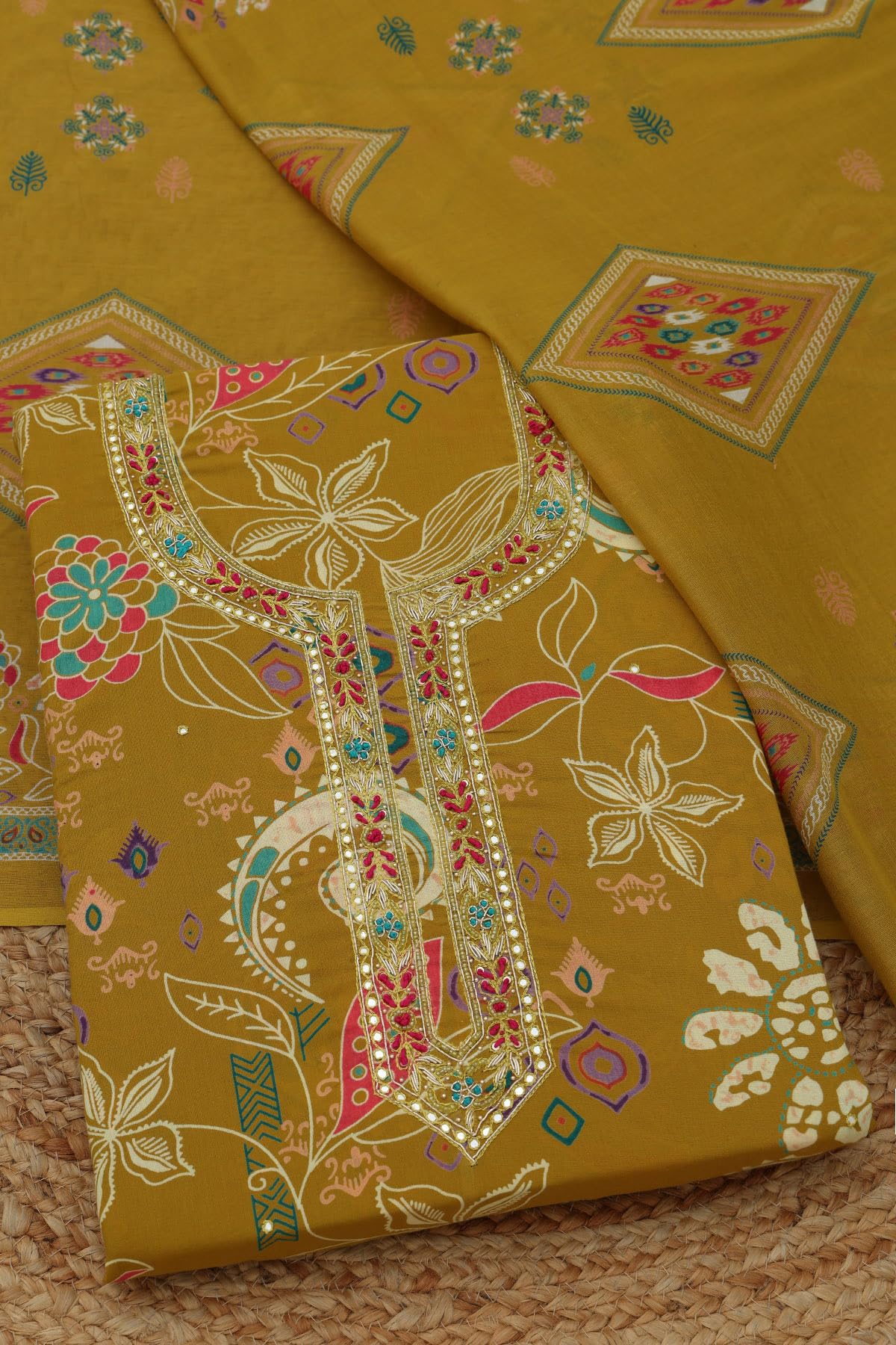Soch Womens Mustard Cotton Floral Dress Material With Beads