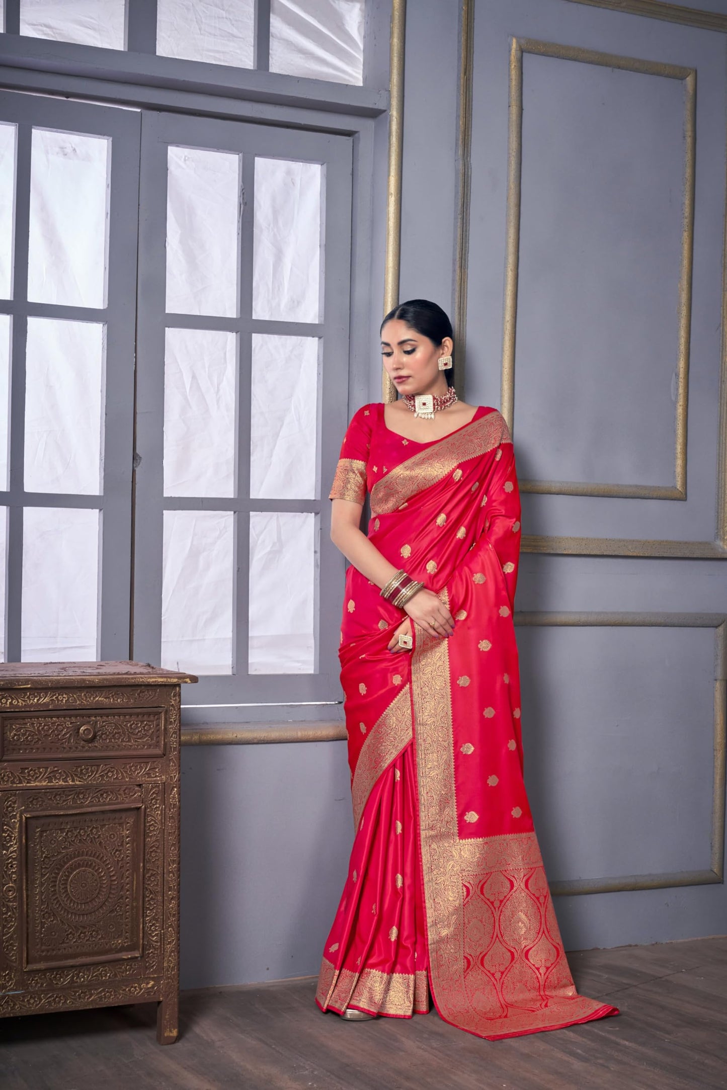 Vardha Women's Banarasi Satin Silk Saree with Unstitched Blouse Piece - Zari Woven Work Sarees for Wedding (Urvi_706)