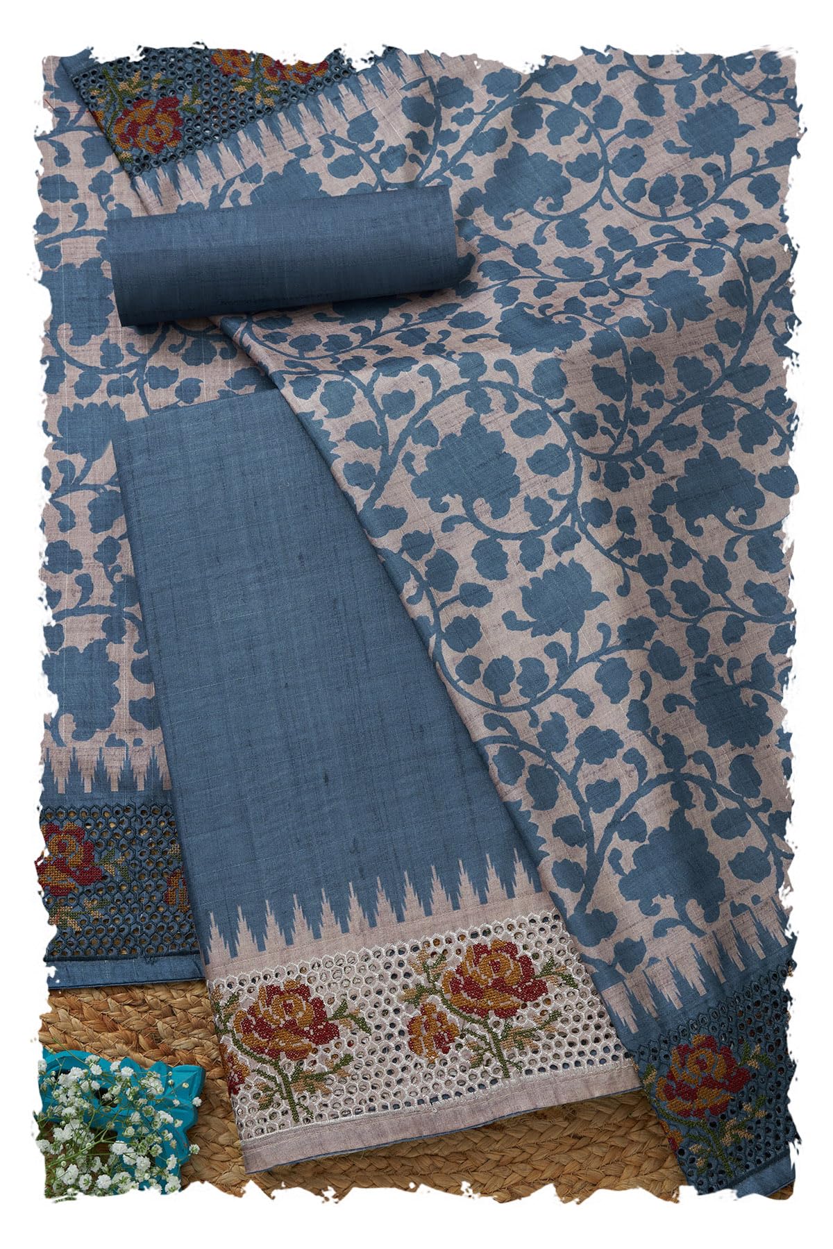 Soch Womens Art Tussar Solid Unstitch Dress Material With Thread Work