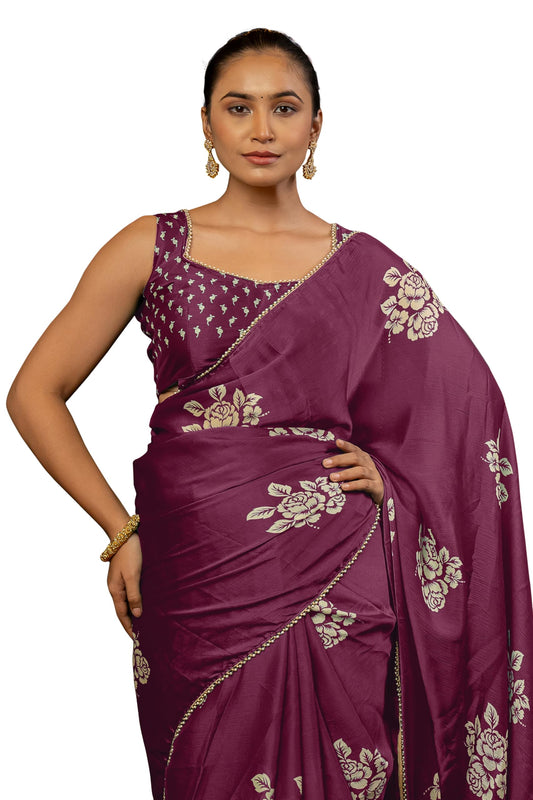 MIRCHI FASHION Women's Chiffon Floral Block Printed Saree with Blouse Piece (50473 - Dark Magenta, Beige)