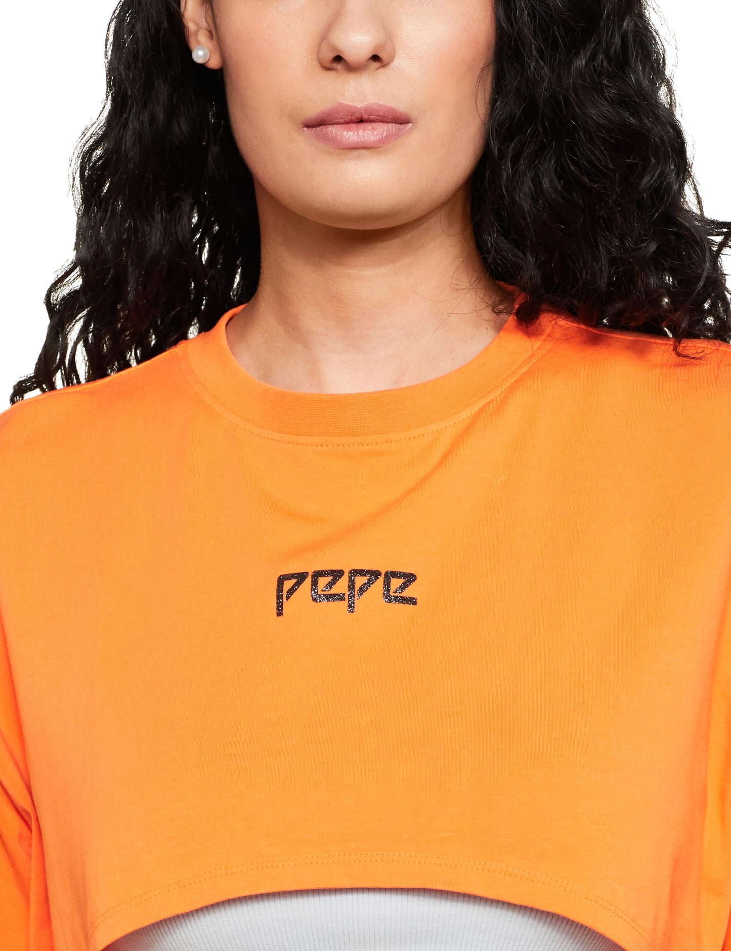 Pepe Jeans Solid Round Neck Cotton Women's T-Shirt (Orange,Large)
