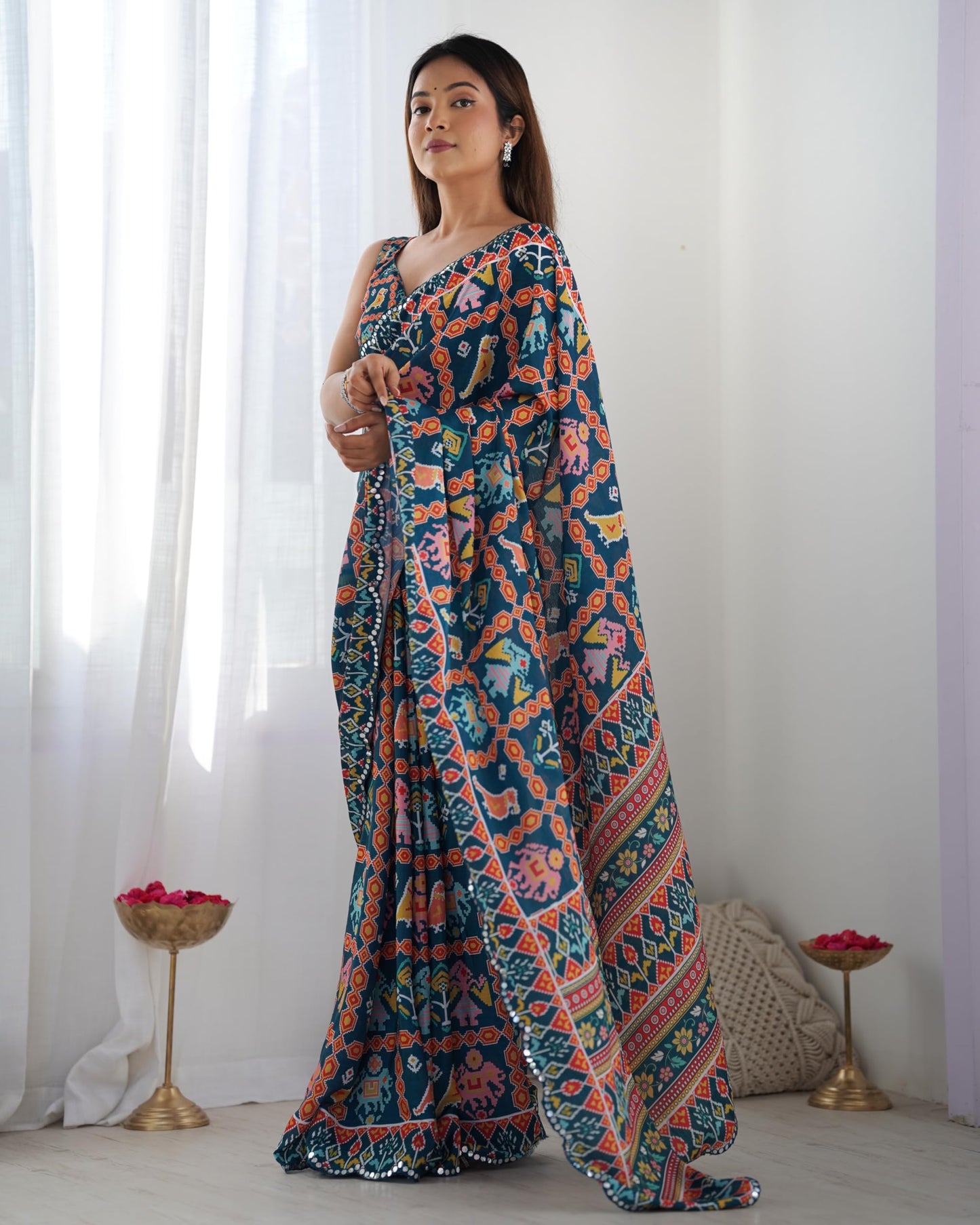 Ethnex Heavy Chinon Kutchi Work Mirror Lace Border Printed Saree With Unstitched Matching Blouse Piece (Dark Blue)