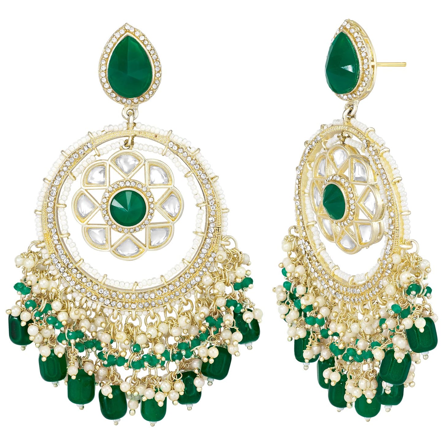Peora Gold Plated Green Kundan & Beads Studded Ethnic Dangle Chandbali Earring Traditional Stylish Fancy Jewellery Gift for Girls & Women
