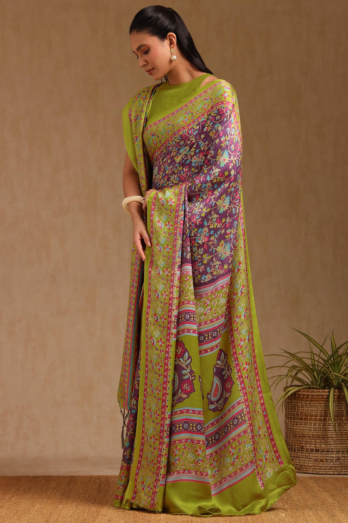 Soch Womens Purple Pashmina Floral Print Saree