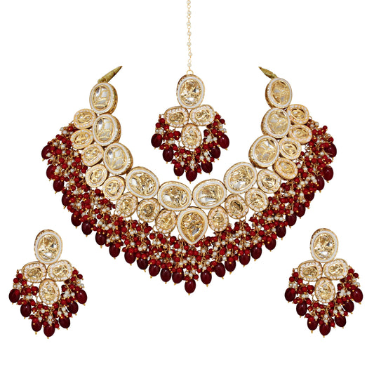 Lucky Jewellery Womens Back Meenakari 18K Gold Plated Maroon Color Set With Earring And Mang Tika Combo Uncut Big Faux Kundan Choker Necklace Set (2415-J5SK-1815-M)