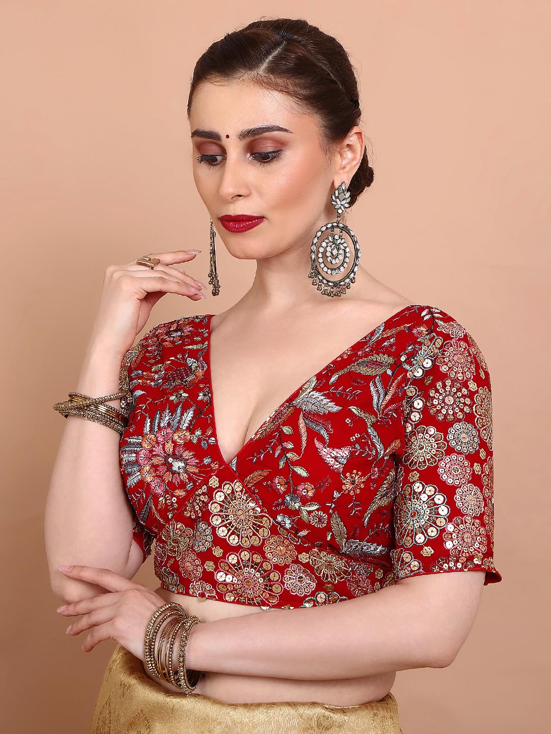 S SALWAR STUDIO Red Georgette Embroidered Readymade Alterable Blouse