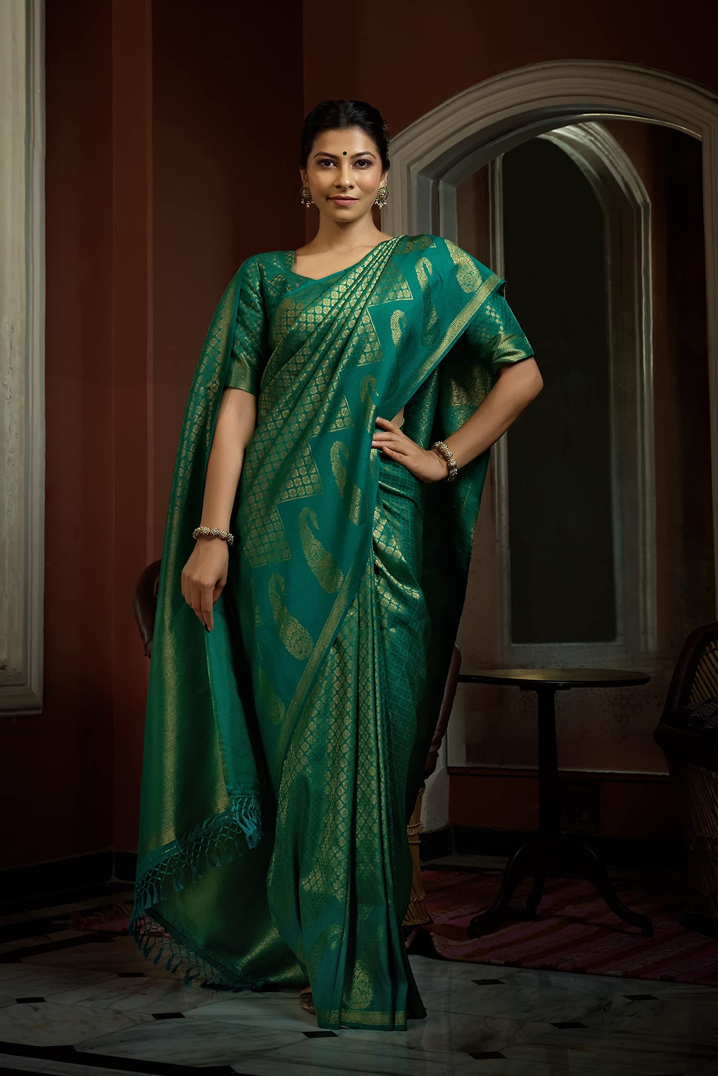 Vardha Women's Kanchipuram Art Saree (Mandakini Silk_Teal Green)