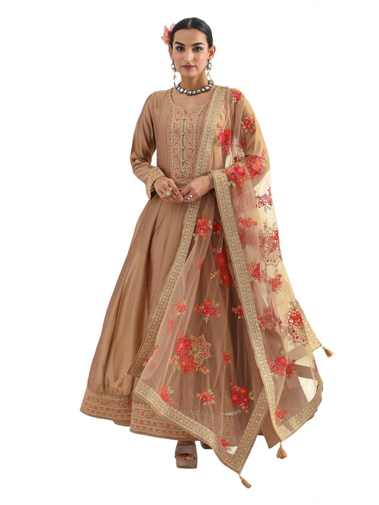 Libas Embroidered Silk Blend A-Line Ethnic Dress with Dupatta-93638L
