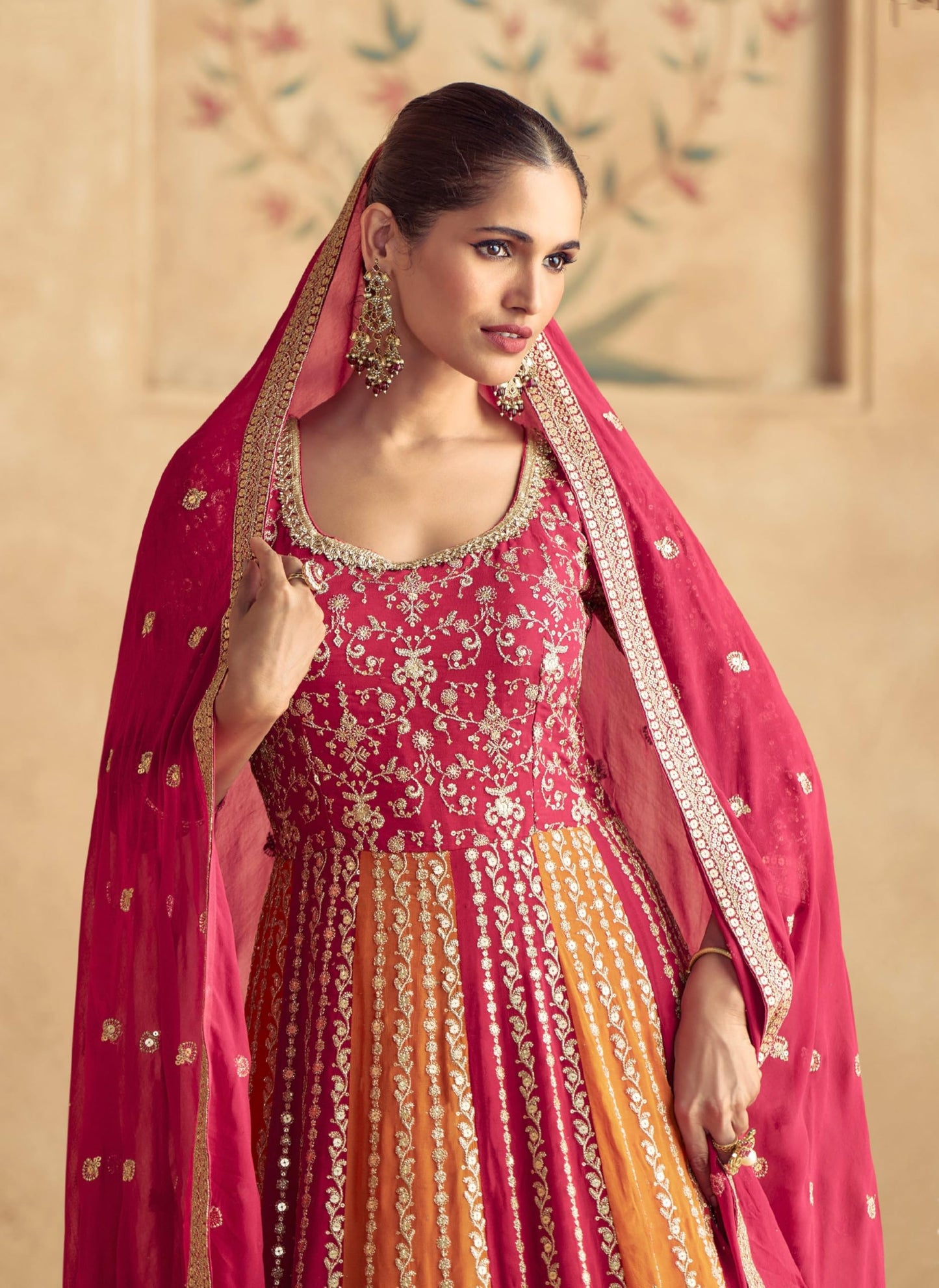Miss Ethnik Women's Pink Chinon Stitched Gown With Dupatta 3/4 Sleeve Embroidered Anarkali Gown (ME-1231-Pink-3XL)