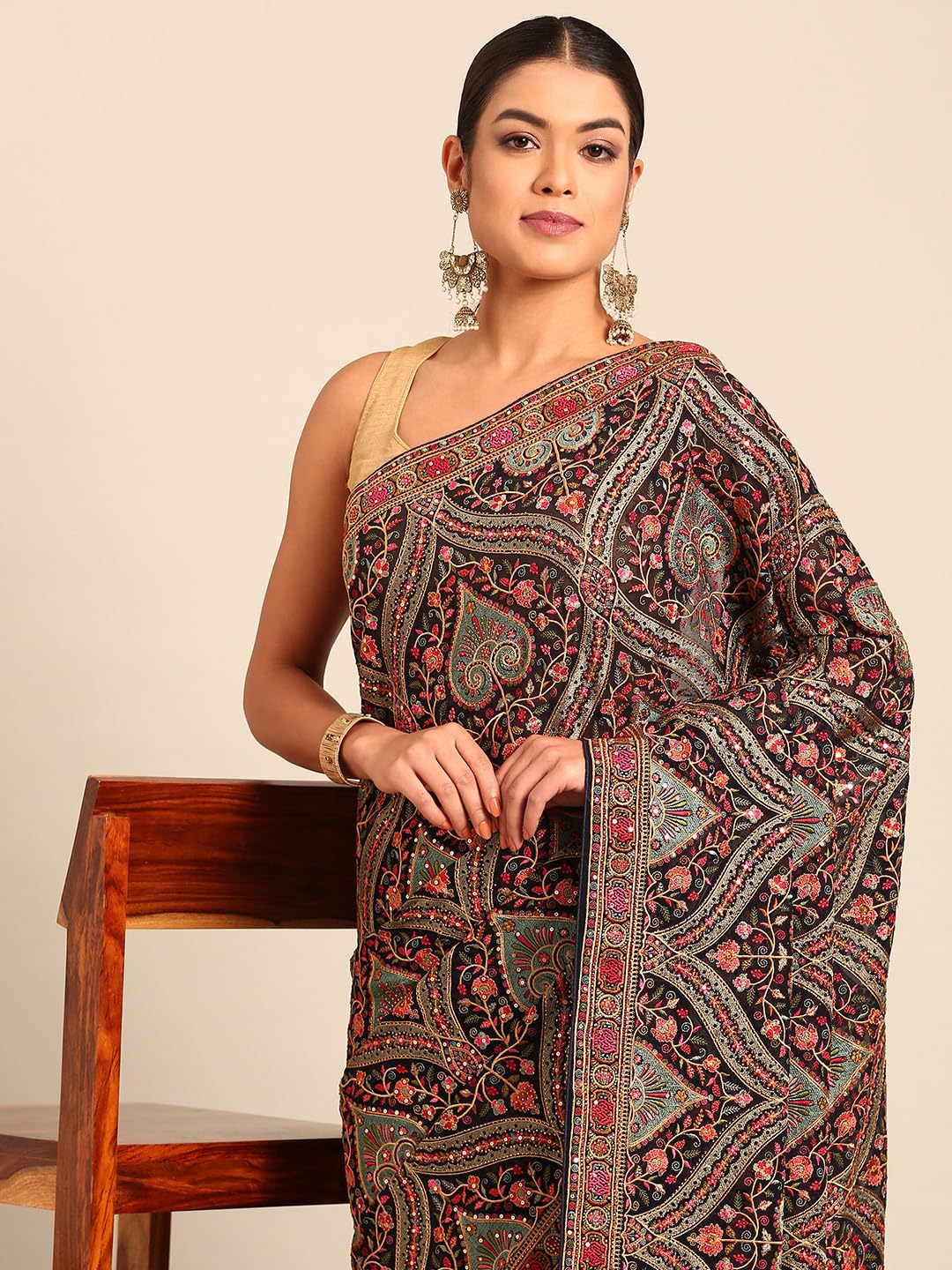 MOHEY Women's Blue Georgette Embroidery|Stone Work Saree with Blouse Piece