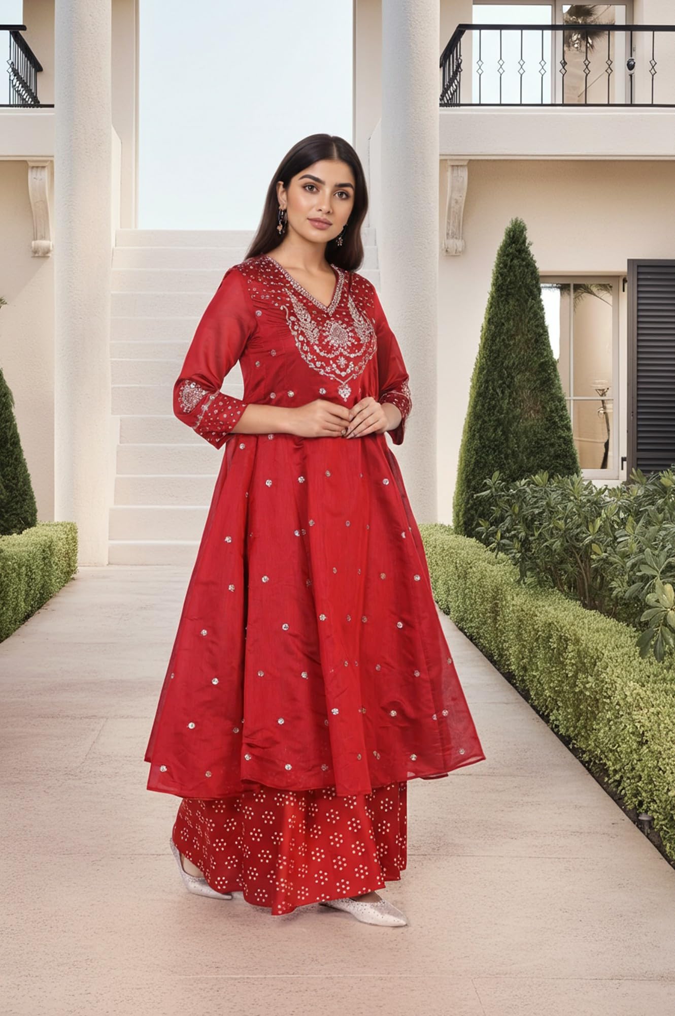 W for Woman Red Bandhni Embroidered Anarkali Jacquard Kurta with Sharara and Dupatta Set (WS13168-224094-3XL)