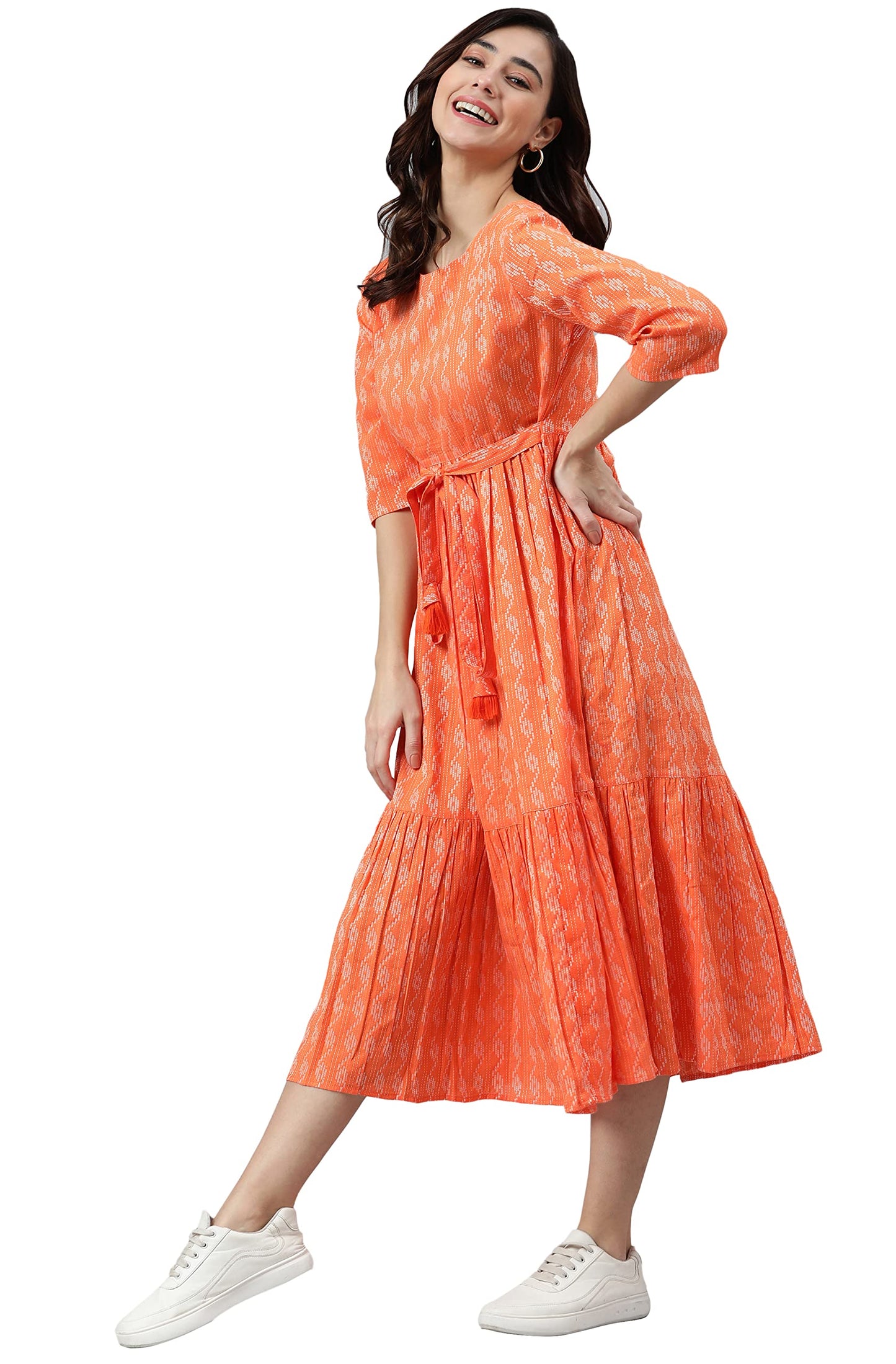 Janasya Women's Orange Cotton Woven Design Tiered Western Dress(JNE3870-DR-XXXL)