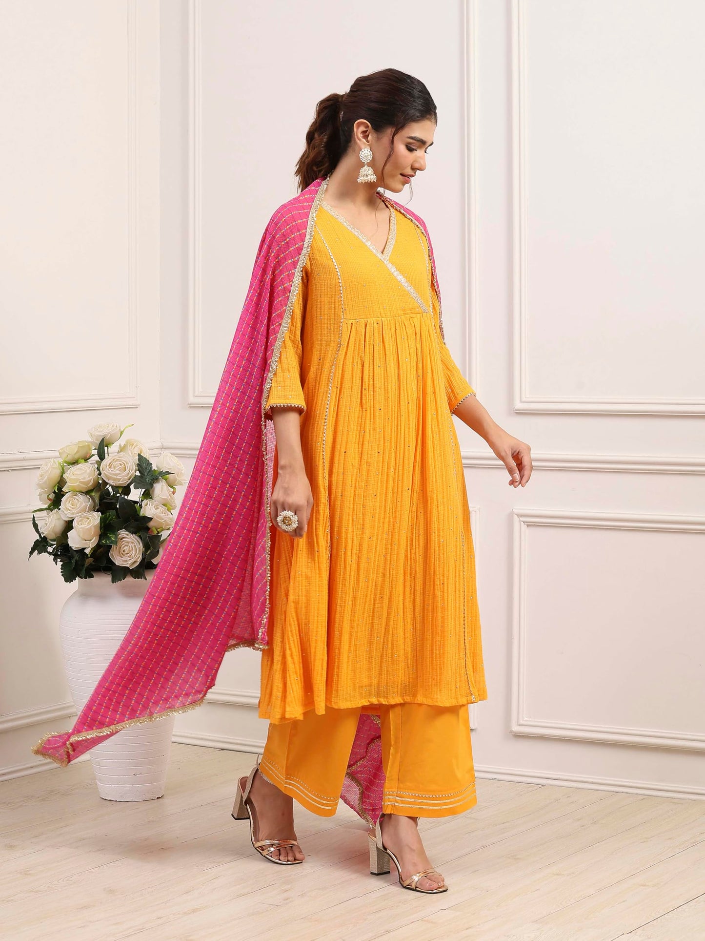 Biba Women Yellow Cotton Anarkali Suit Set_32