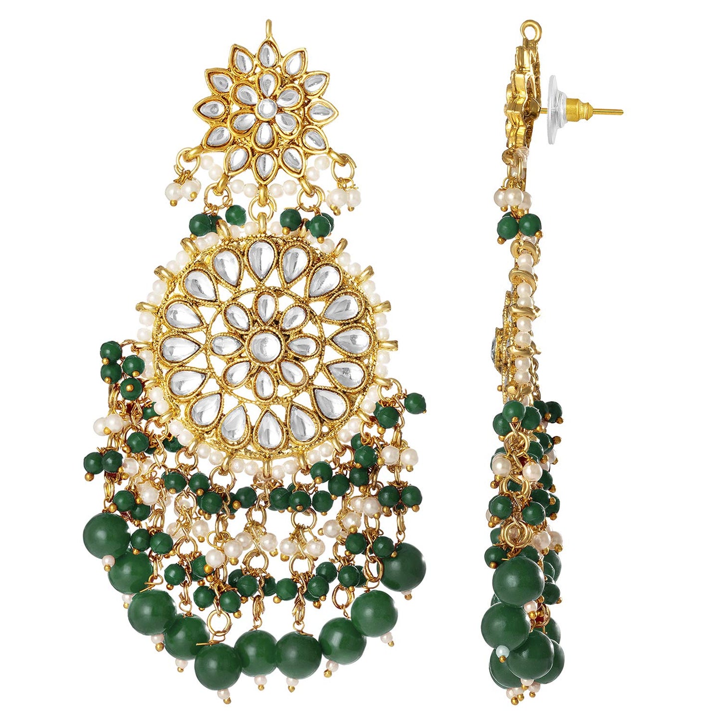 Peora Traditional Gold-Plated Brass & Kundan Dangle Earrings For Women & Girls, Green