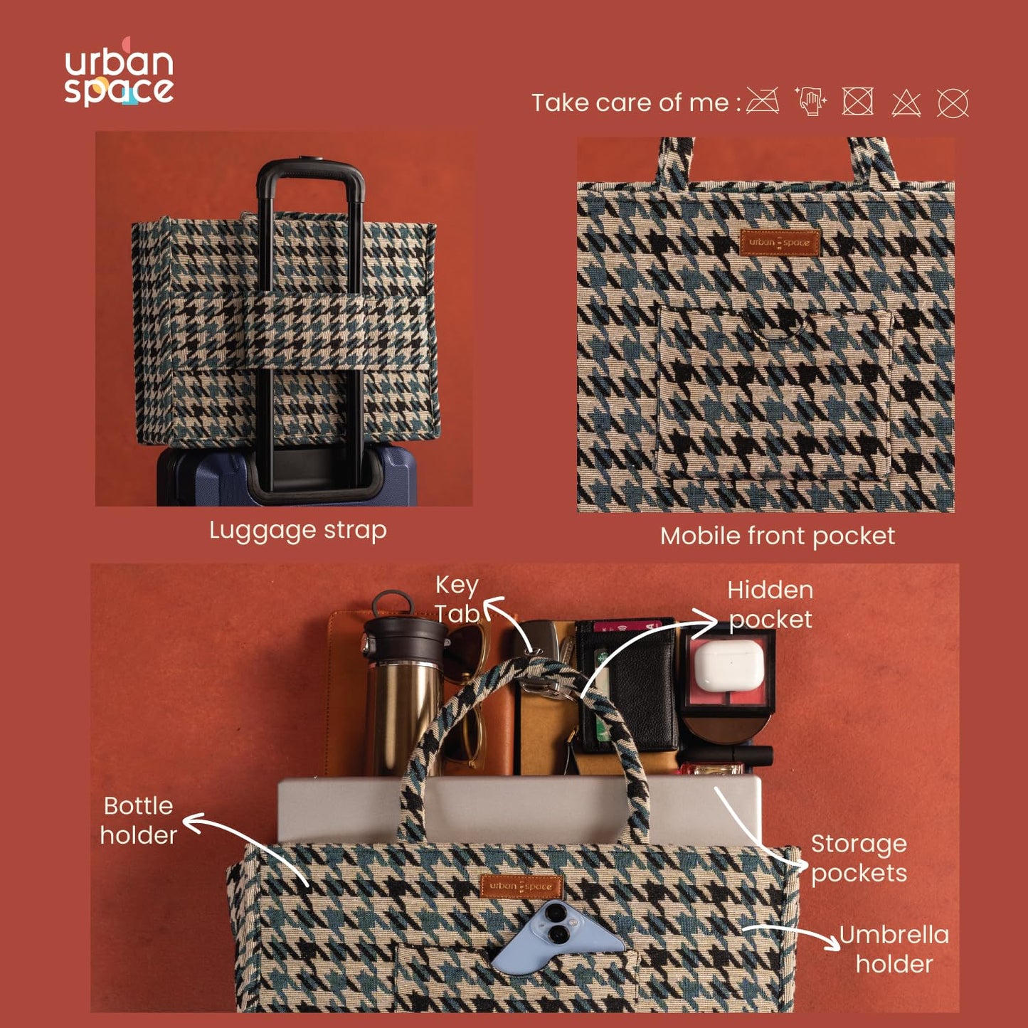 Urban Space Women Canvas Tote Bag, Stylish & Multisection Cotton Jacquard Handbag with Zip closure, Handcrafted Padded Laptop Bag for 16" laptop | Shopping Shoulder Bag - Houndstooth