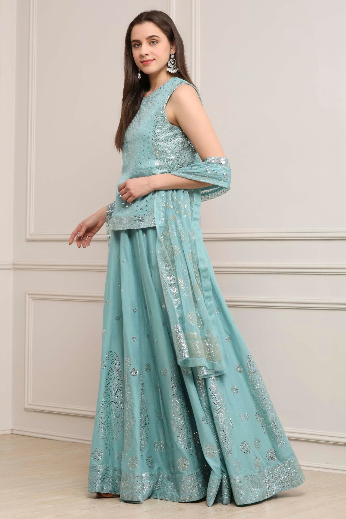 Biba Women Powder Blue Cotton Printed Lehenga Set_42