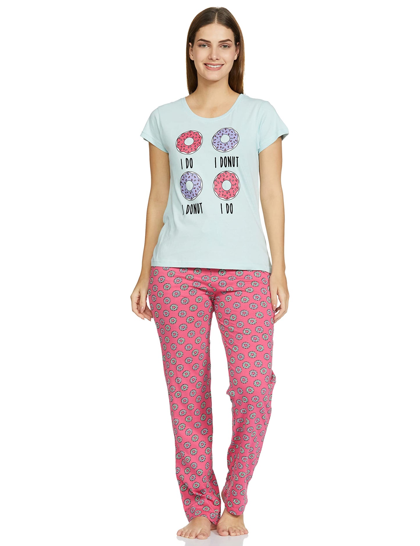 Max Women Printed Round Neck T-Shirt with Elasticated Pyjama,Aqua,XXL