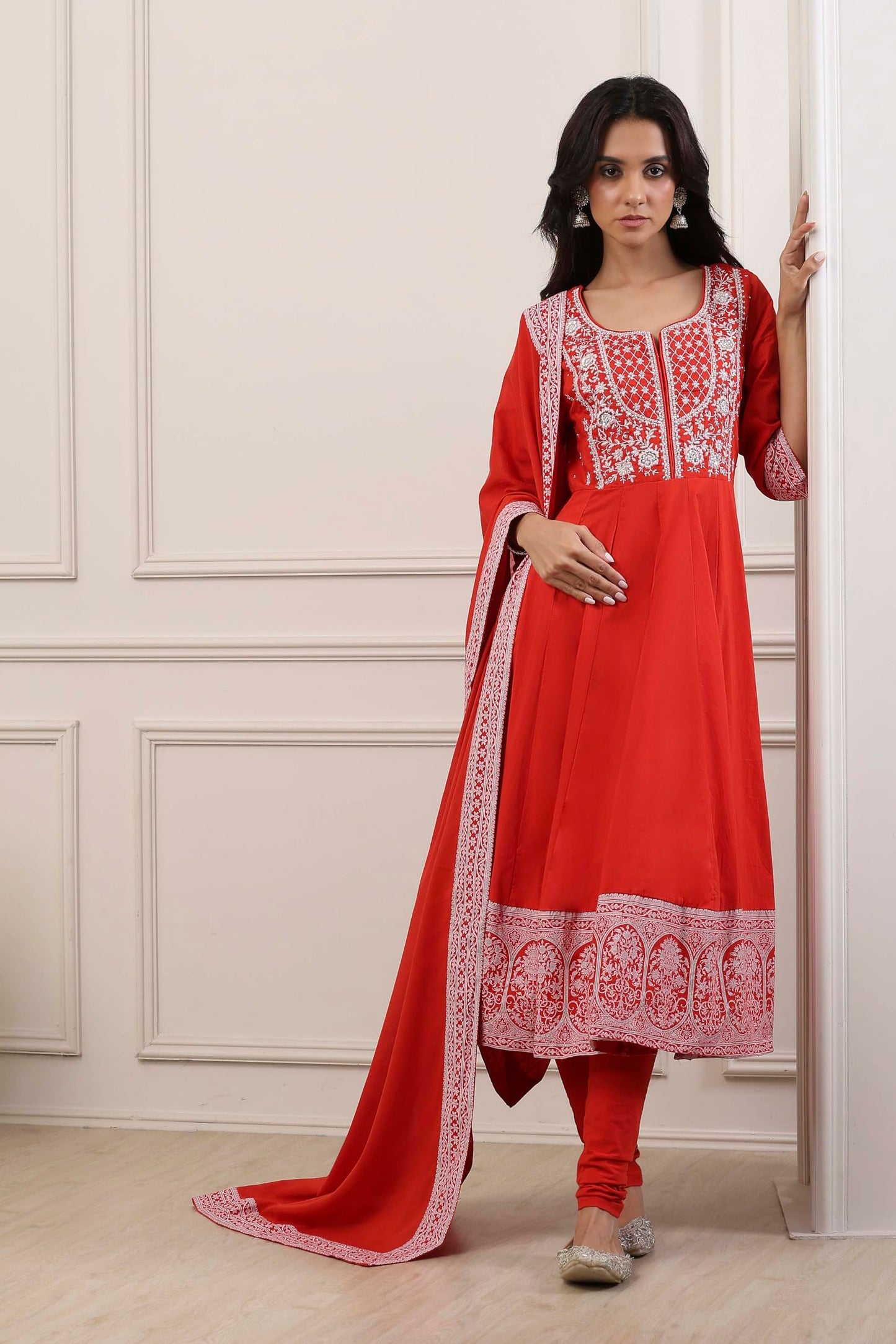 Biba Women Red Cotton Kalidar Suit Set_32