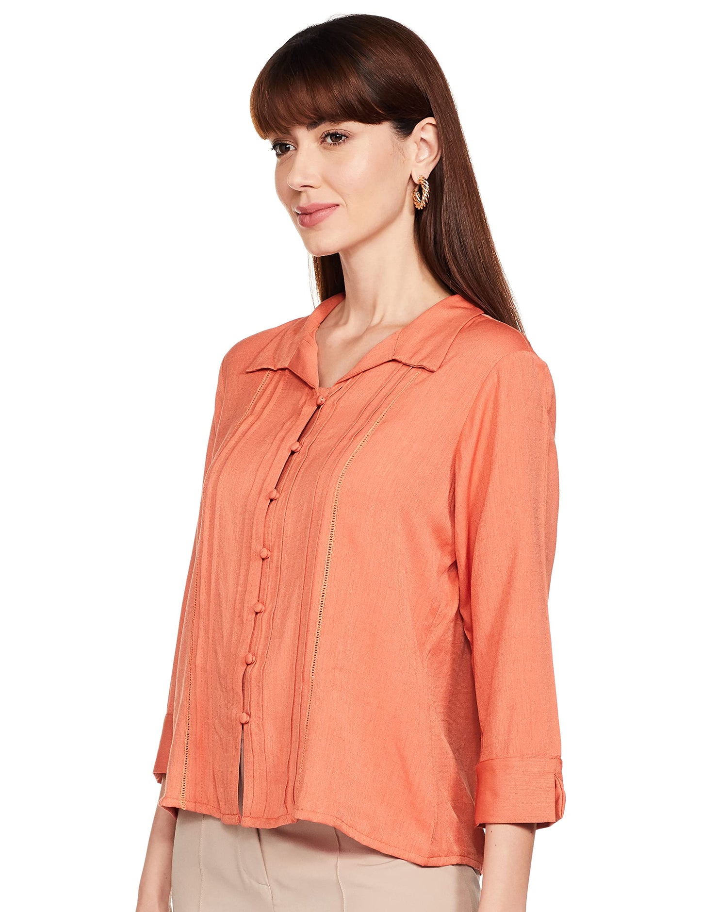 AND Women's Solid Regular Fit Shirt (EE22AB017TTR_Orange S)