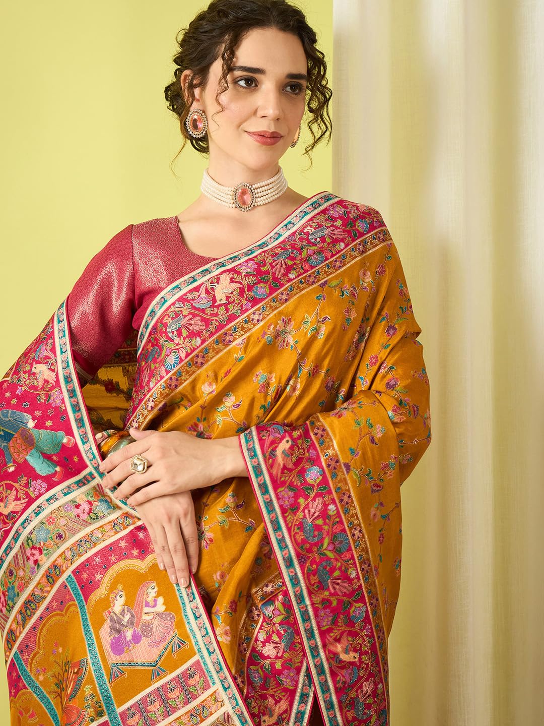 AKHILAM Women's Mustard Viscose Silk Ethnic Motif Printed Saree With Unstitched Blouse Piece (MSTANI158A_HS)